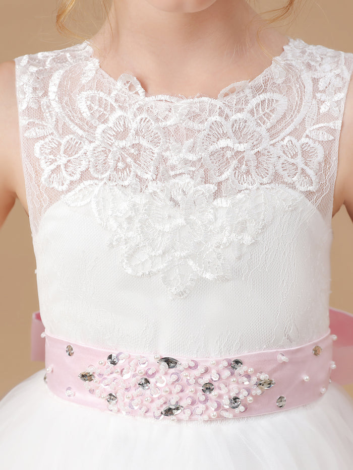 A-line Square Neckline Lace Appliqued Flower Girl Dress