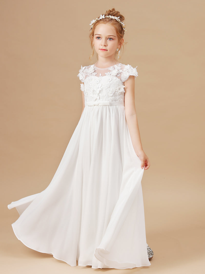 A-line Lace Top Cap Sleeves Chiffon Flower Girl Dresses, FG0148