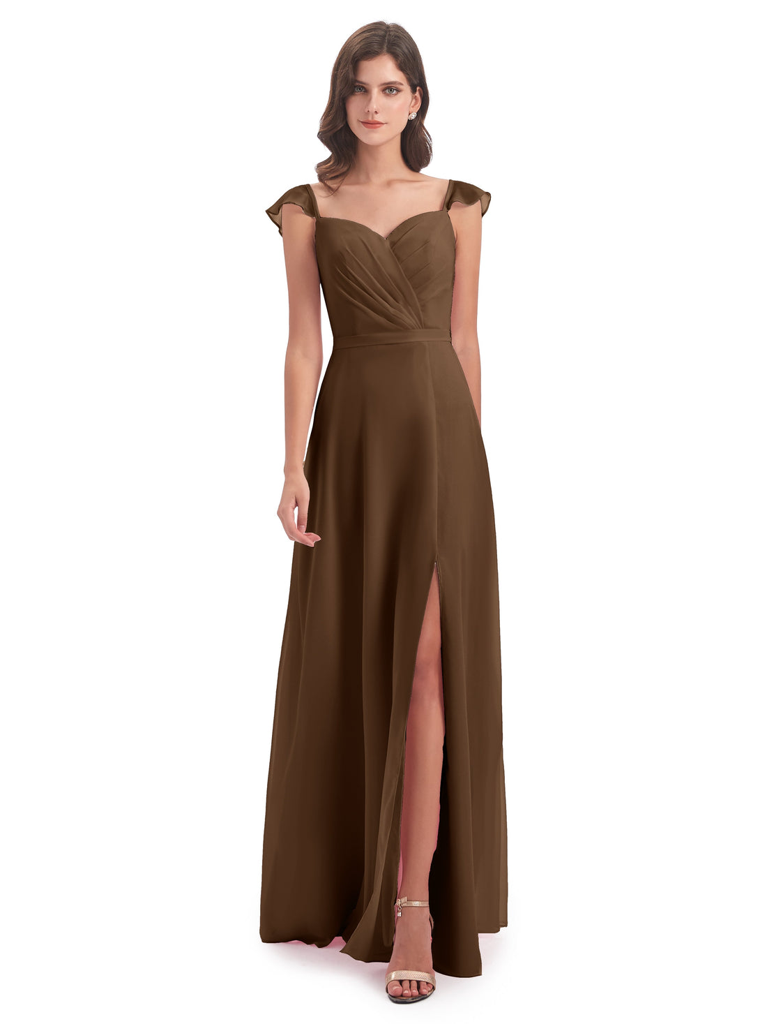 Chiffon Bridesmaid Dresses with Lace Cap Sleeves Brown Plus Size