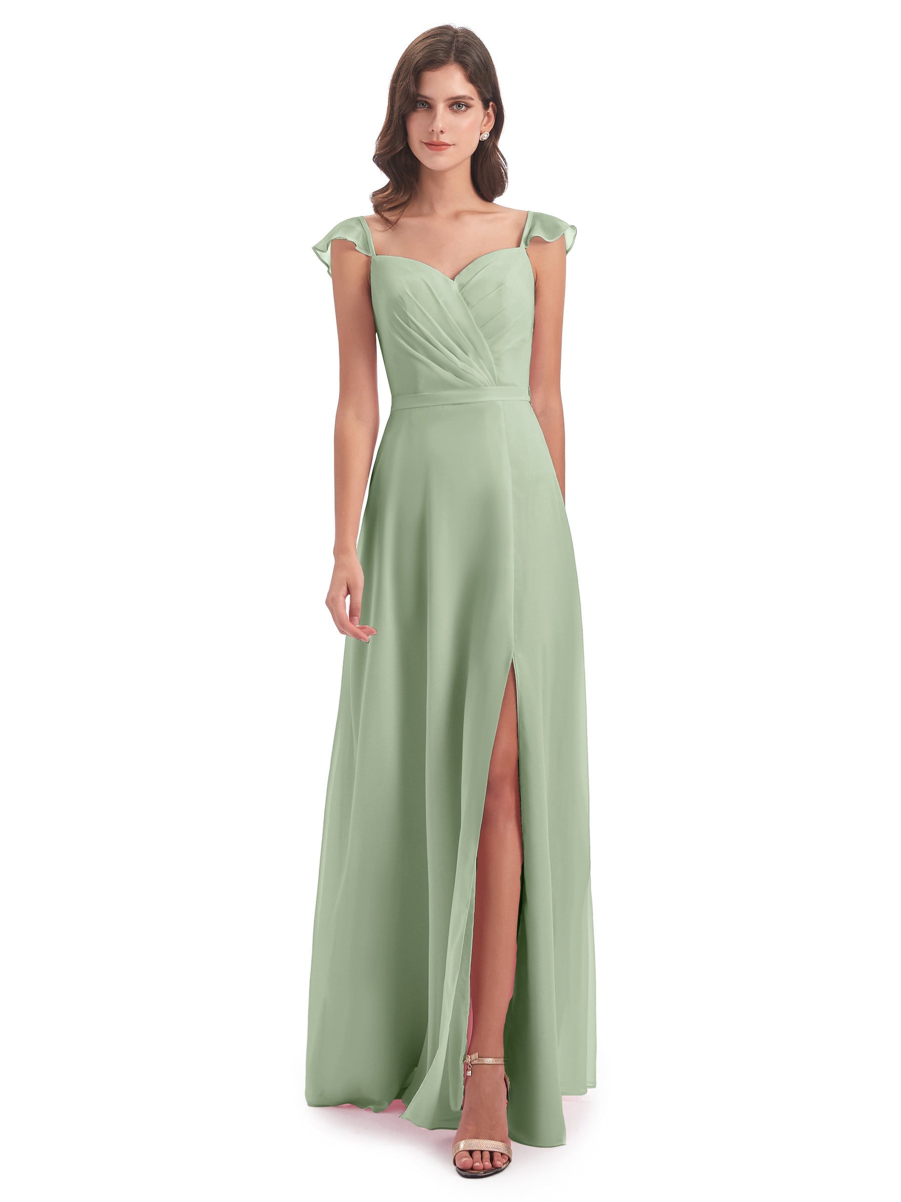 Cap Sleeves Dark Grey Long Chiffon Bridesmaid Dresses with Open Back