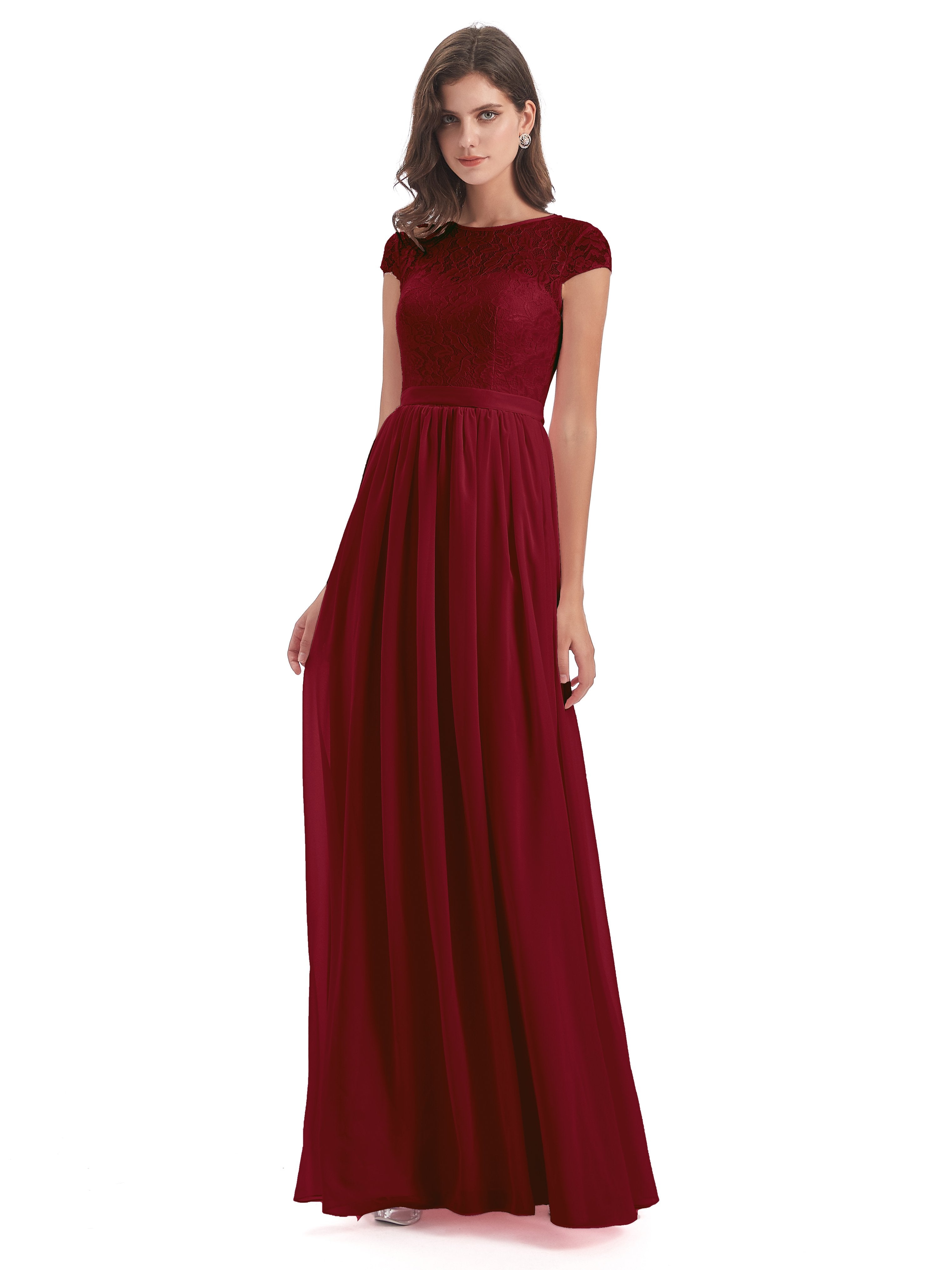 Long burgundy bridesmaid dress with cap sleeves. Modest lace dress floor length - 15+ colors good (use links in description to see color)