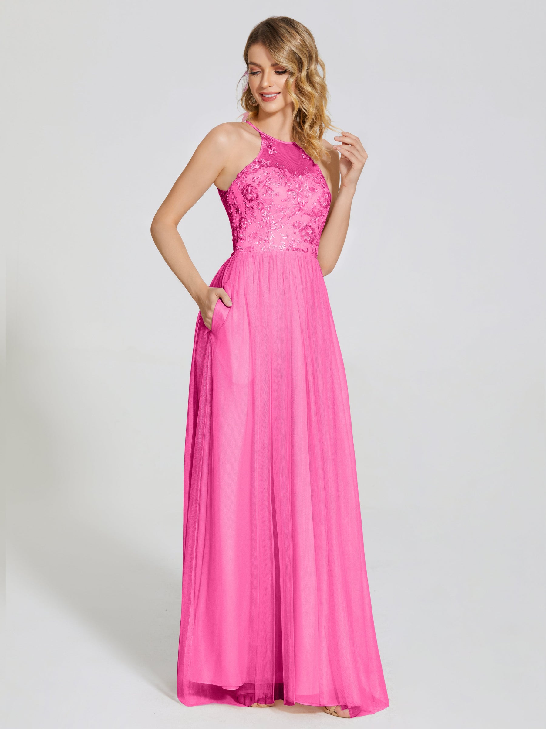Halter Full Length Tulle Bridesmaid Dress Jade