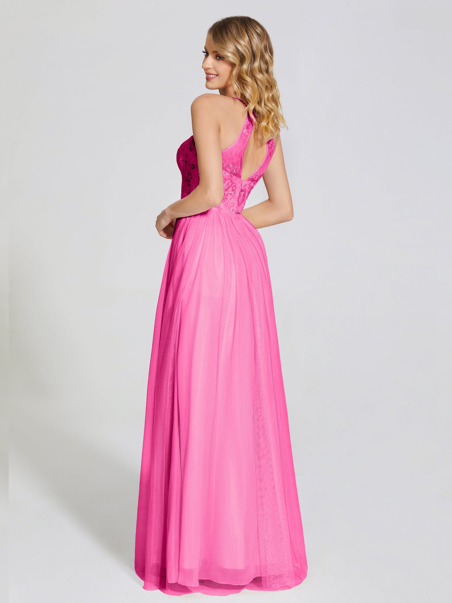 Halter Full Length Tulle Bridesmaid Dress Tangerine