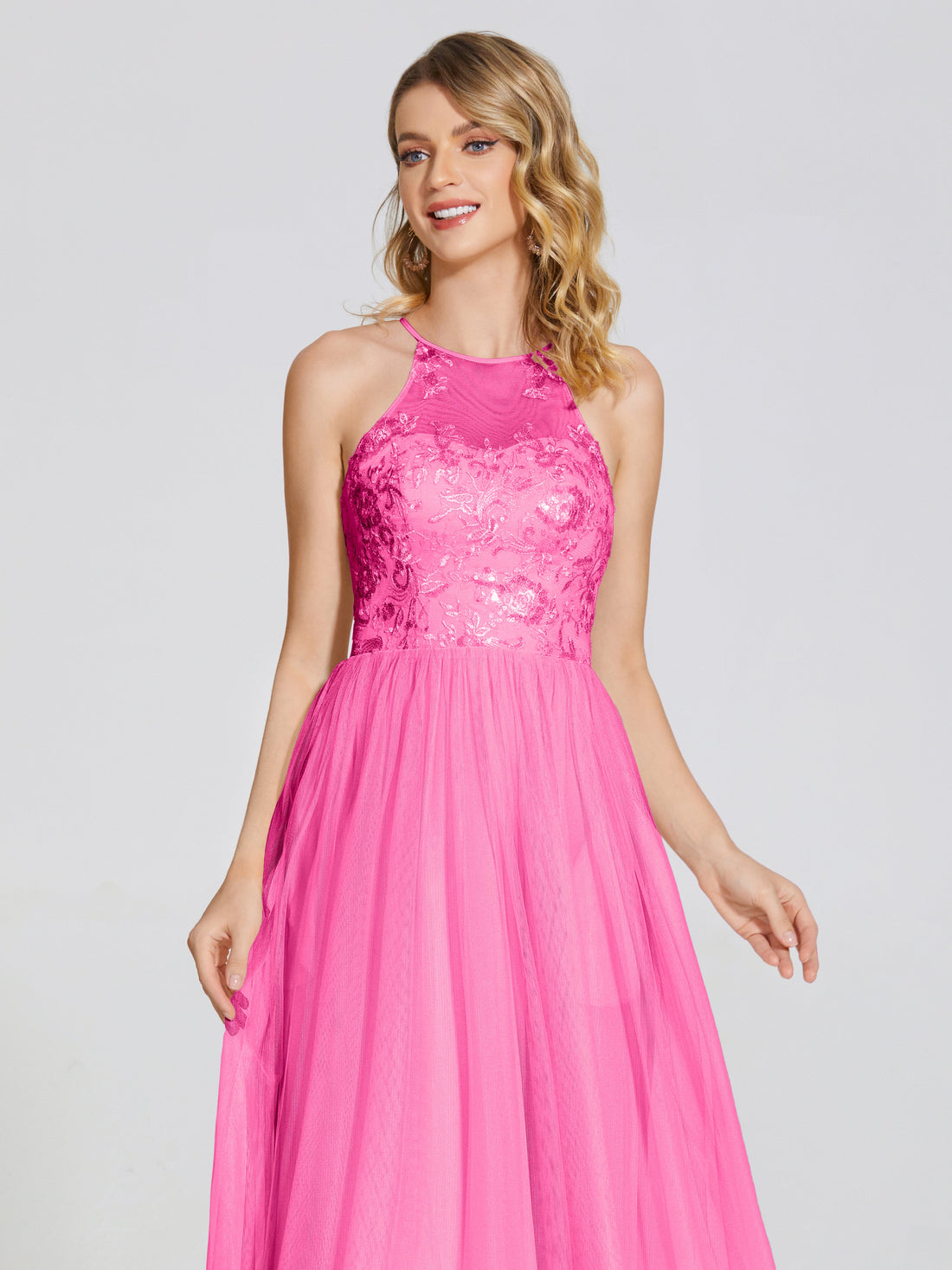 Halter Full Length Tulle Bridesmaid Dress Cabernet