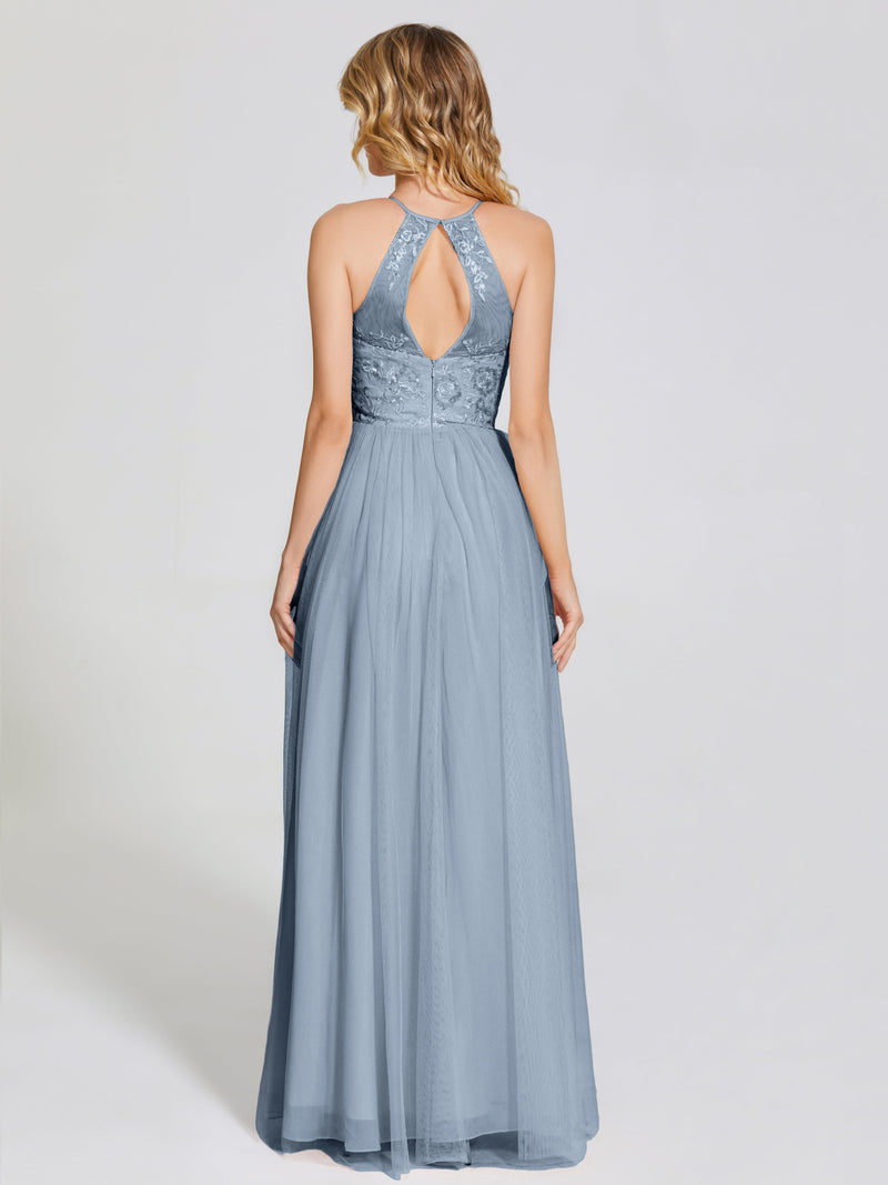 Halter Full Length Tulle Bridesmaid Dress Taupe Plus Size main image 1