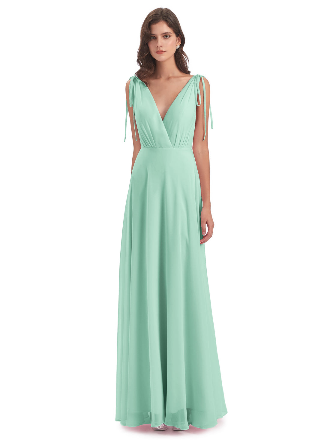 Long V Neck Chiffon Bridesmaid Dress Mint Green