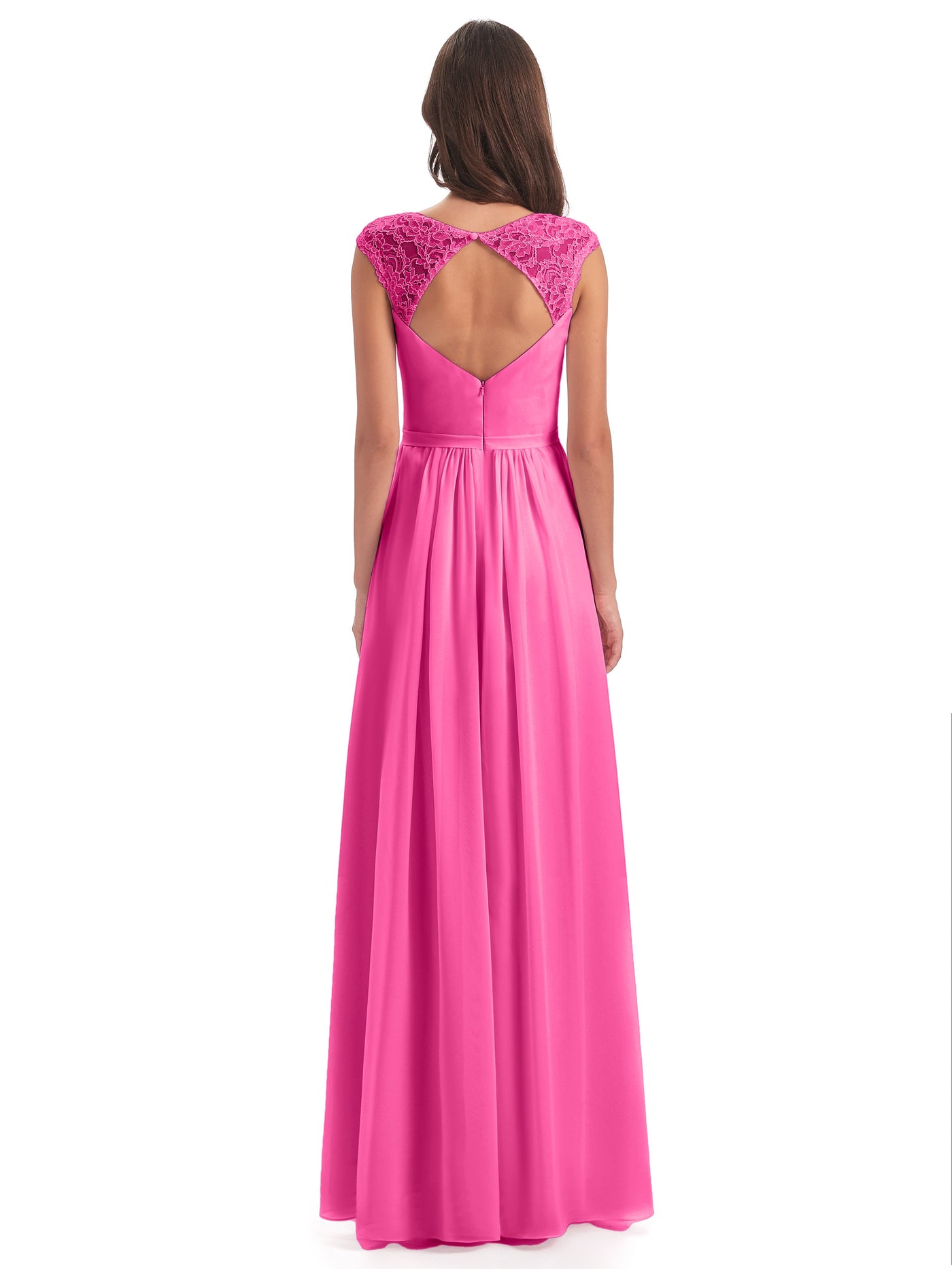 Long Chiffon Bridesmaid Gown with Lace Cap Sleeves Jade