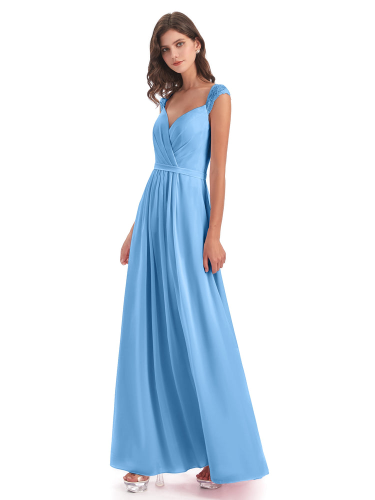 Chiffon Bridesmaid Dresses with Lace Cap Sleeves Lime Green