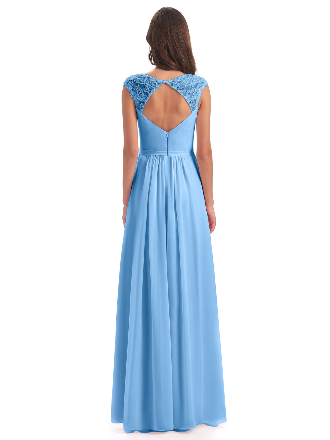 Chiffon Bridesmaid Dresses with Lace Cap Sleeves Candy Pink