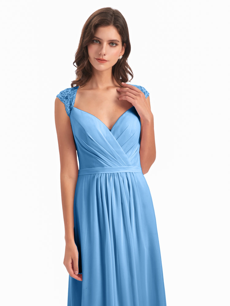 Chiffon Bridesmaid Dresses with Lace Cap Sleeves Blue Plus Size