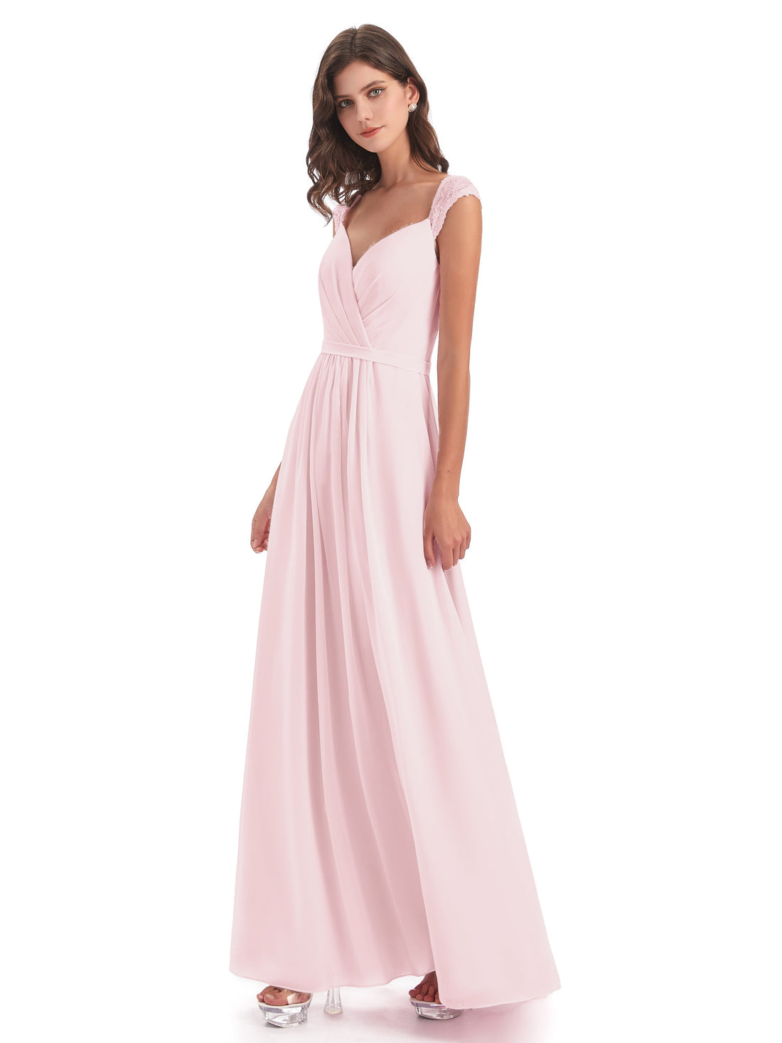Chiffon Bridesmaid Dresses with Lace Cap Sleeves Ivory