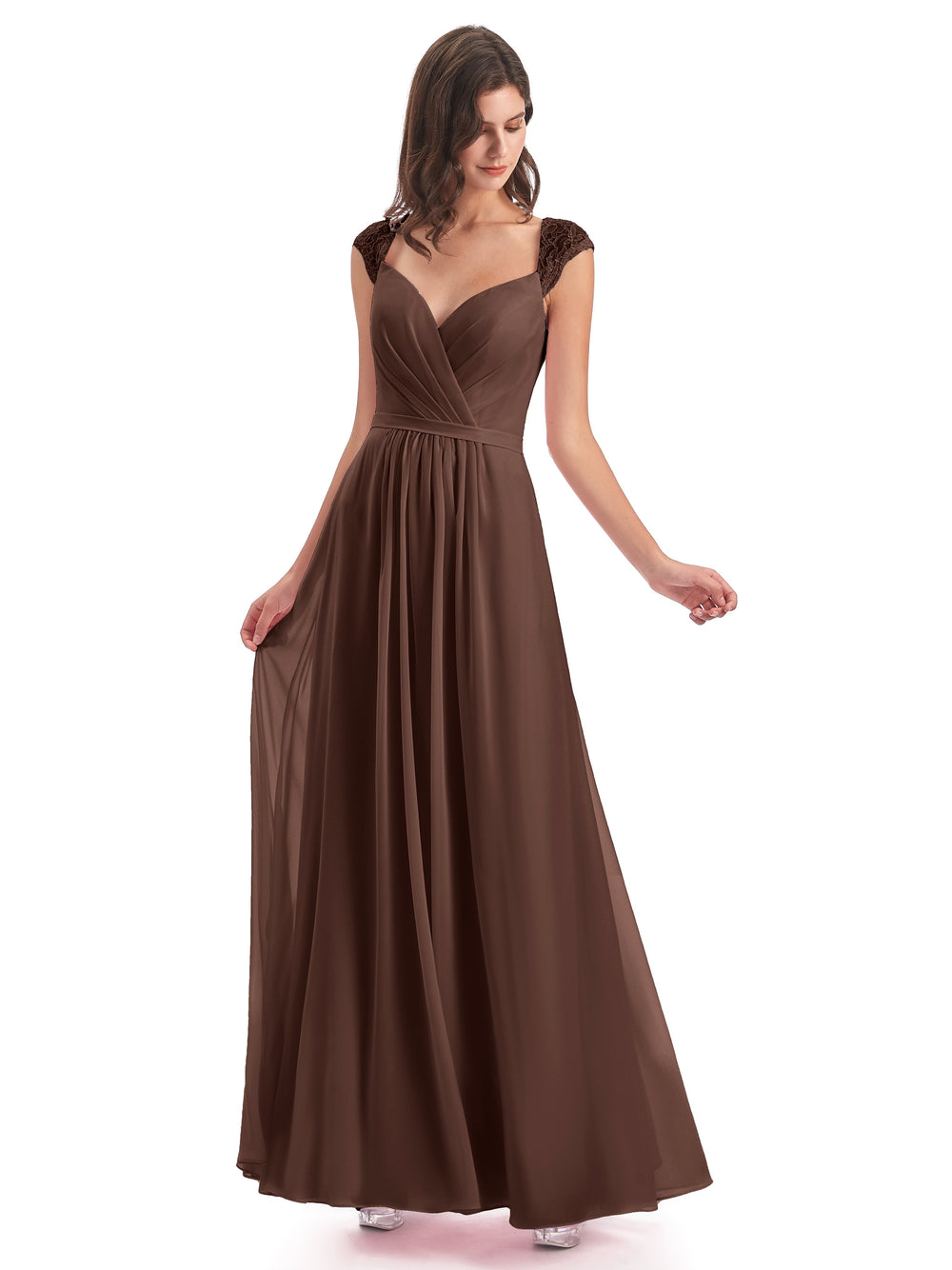 Long Chiffon Bridesmaid Gown with Lace Cap Sleeves Regency Plus Size