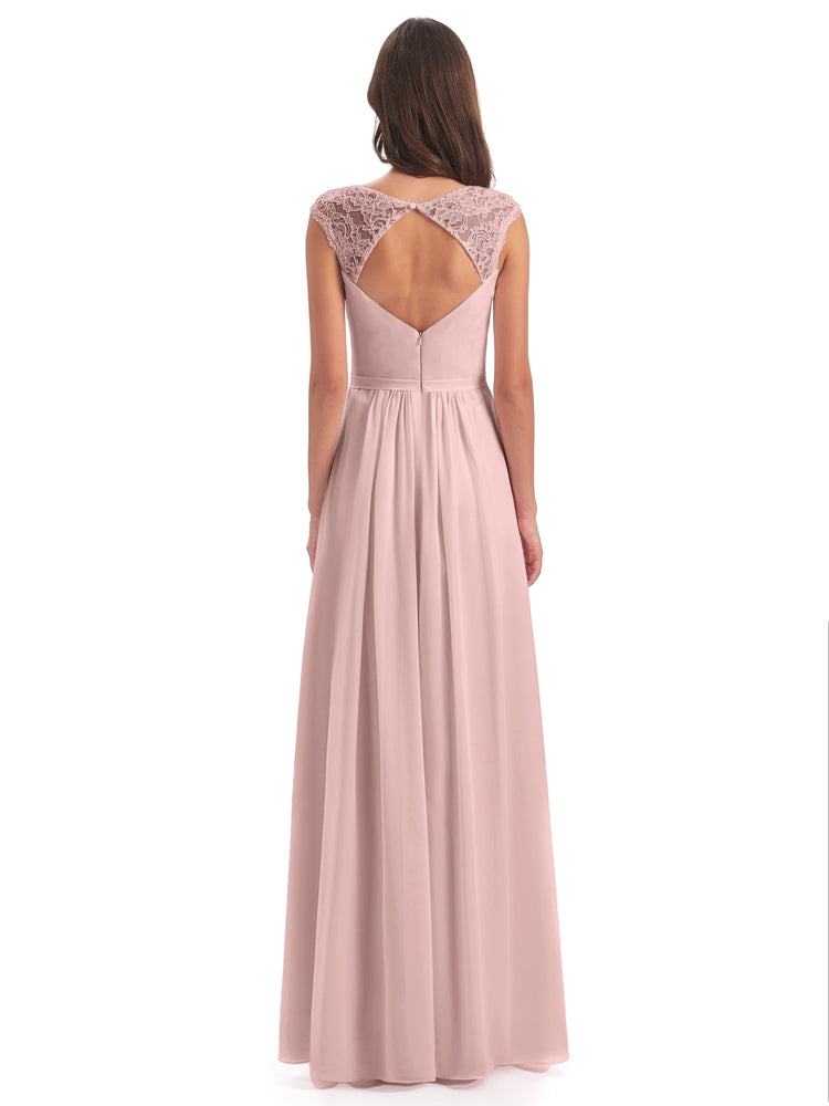 Chiffon Bridesmaid Dresses with Lace Cap Sleeves Dusk