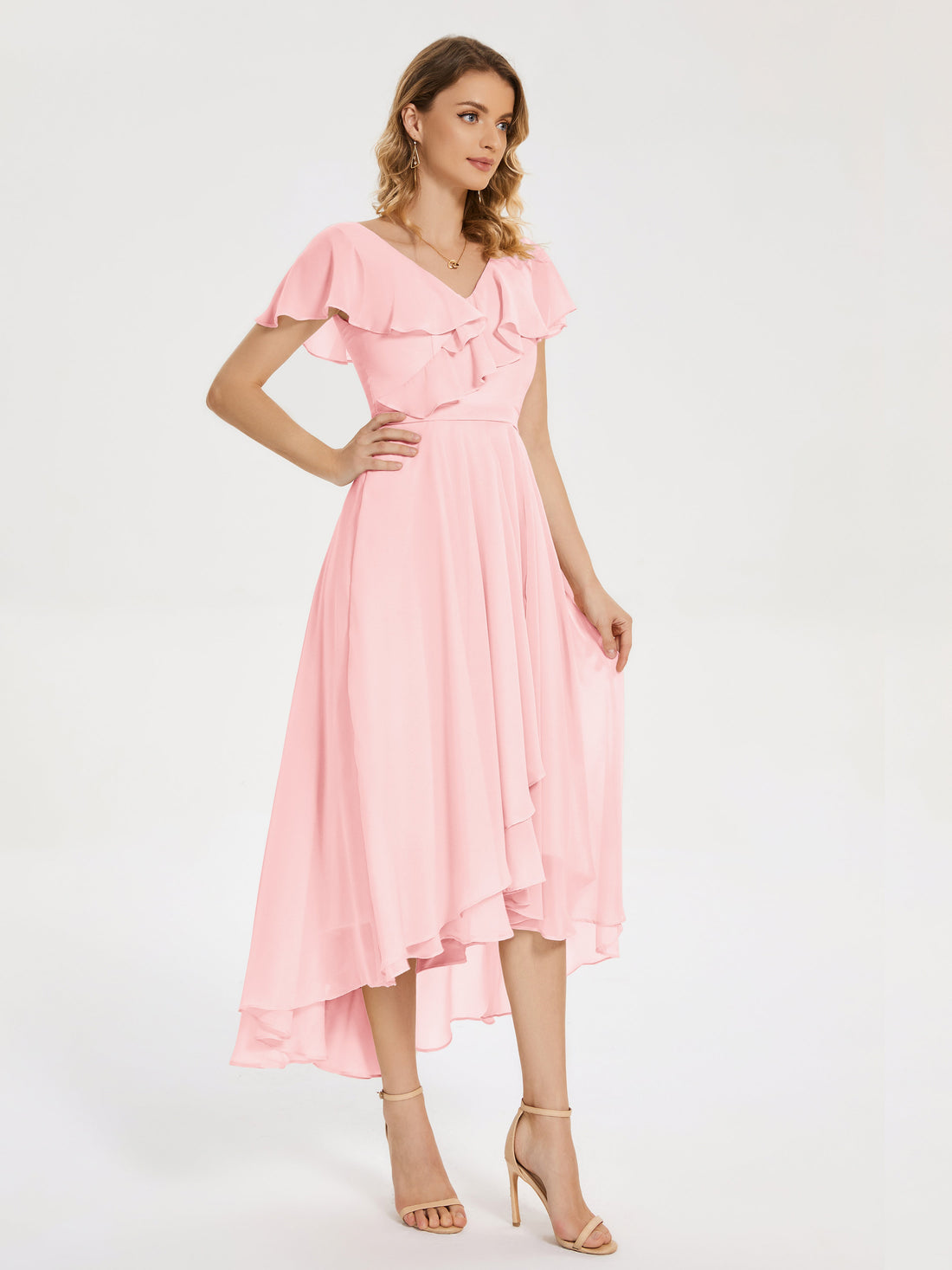 Fuchsia Surplice Ruffles High-Low Gown