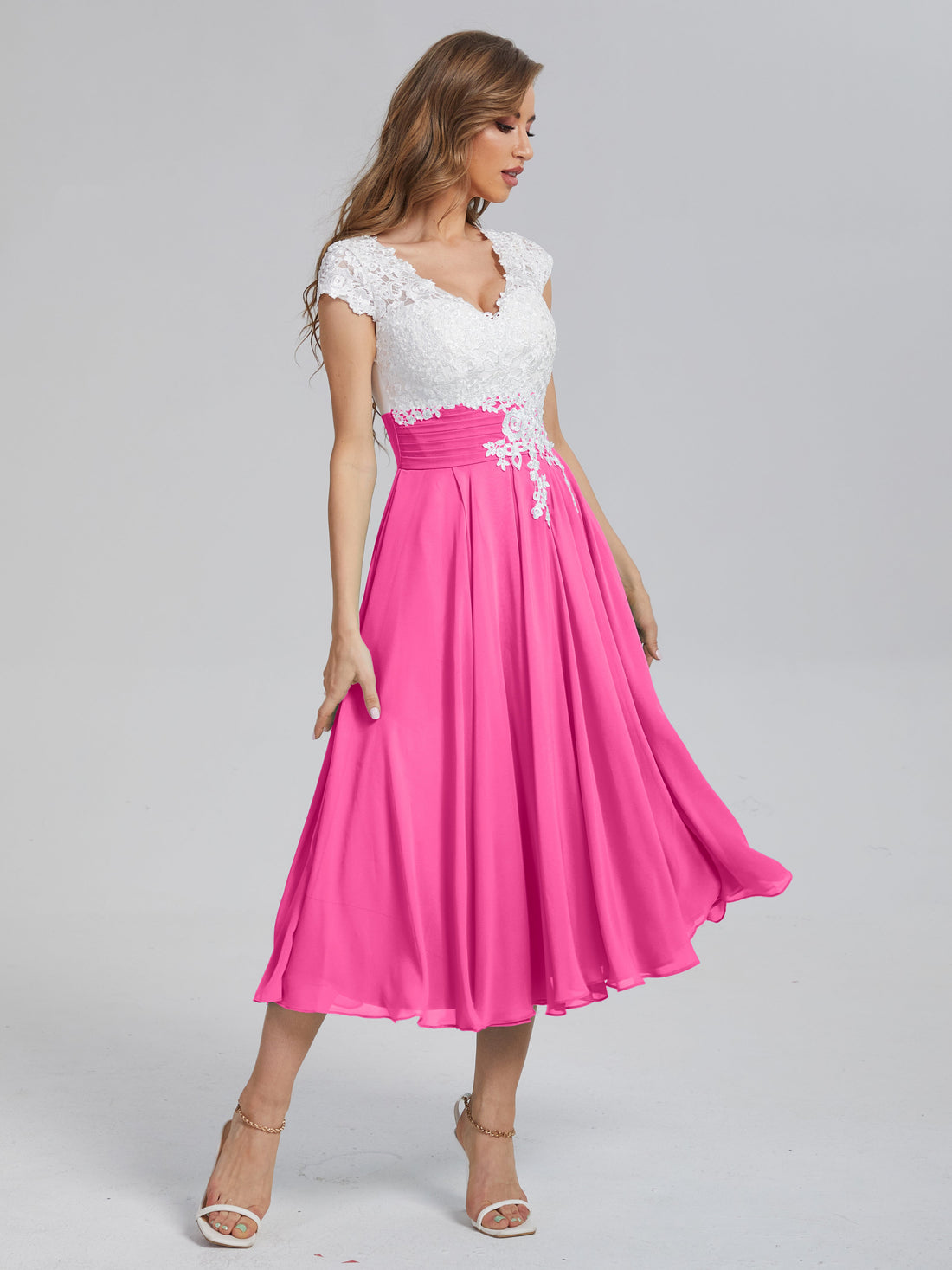 Graceful Lace Tea Length Chiffon Mother of the Bride Dresses