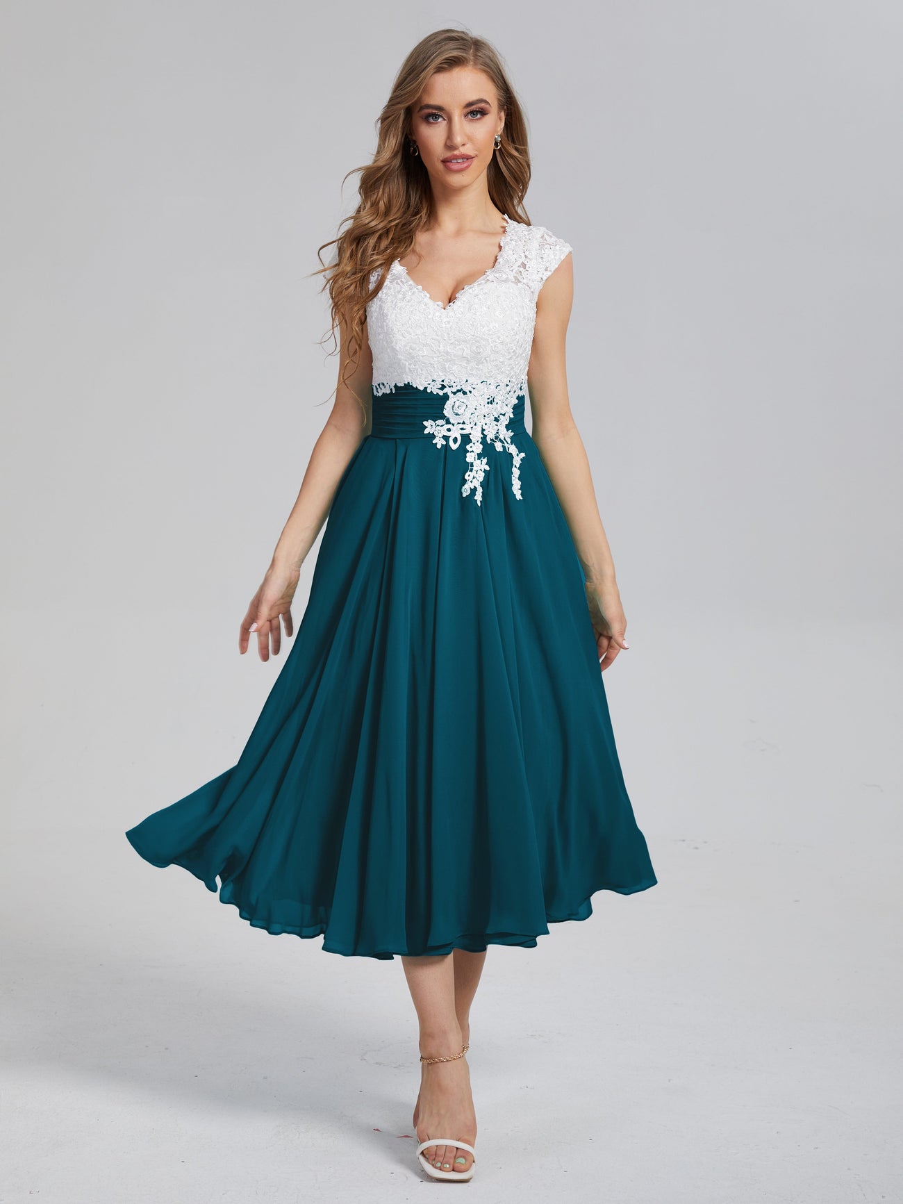 Mother of the Bride Dress Wrap Included Straps Tea Length Chiffon Lace Long Sleeve with Lace main image 0