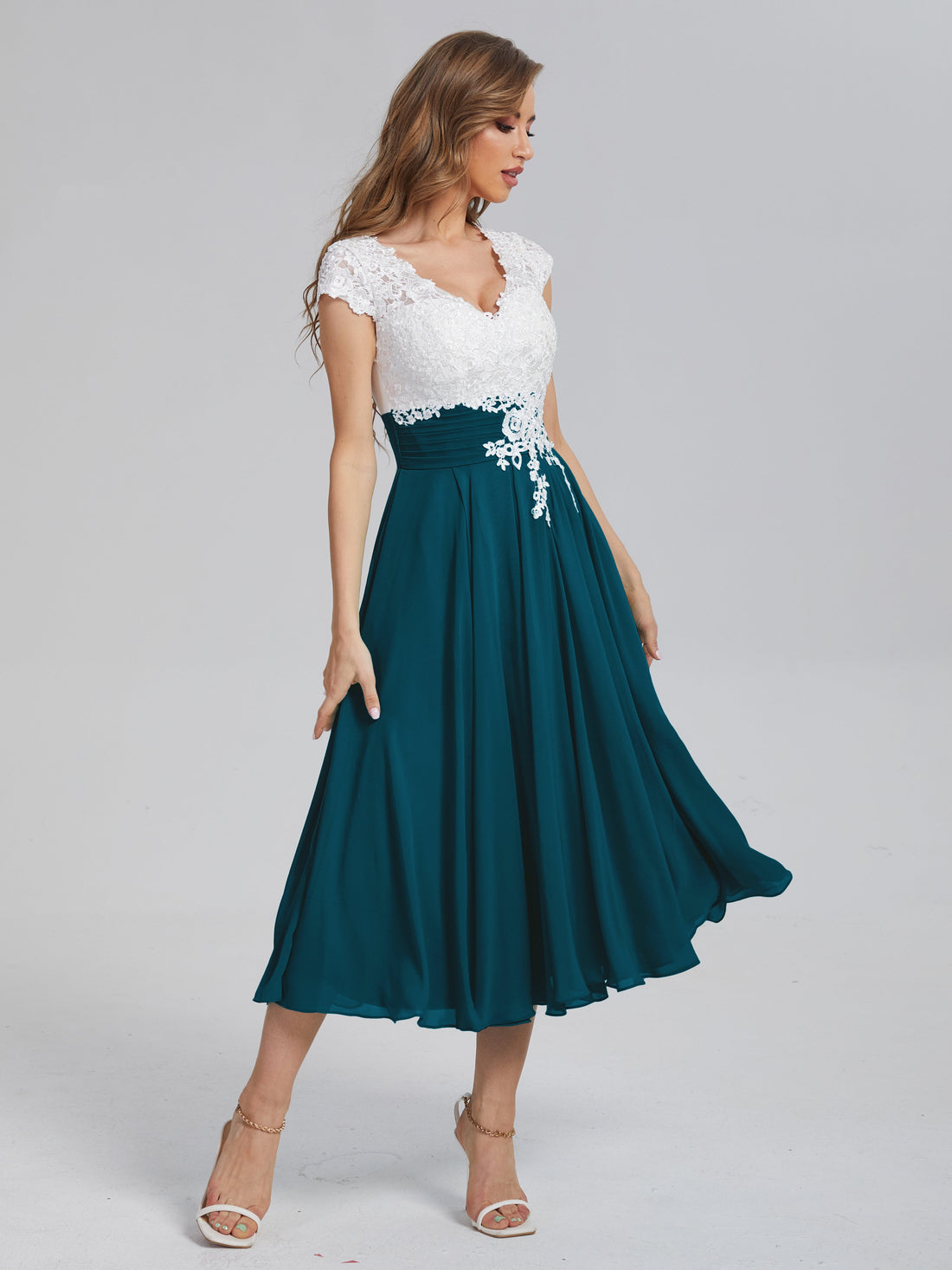 Cicinia Celadon Mother Of The Bride Dress Long Lace Chiffon A-line Tea Length Cap Sleeves Chic