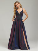 Iridescent V-neck Backless Prom Dress main image 1