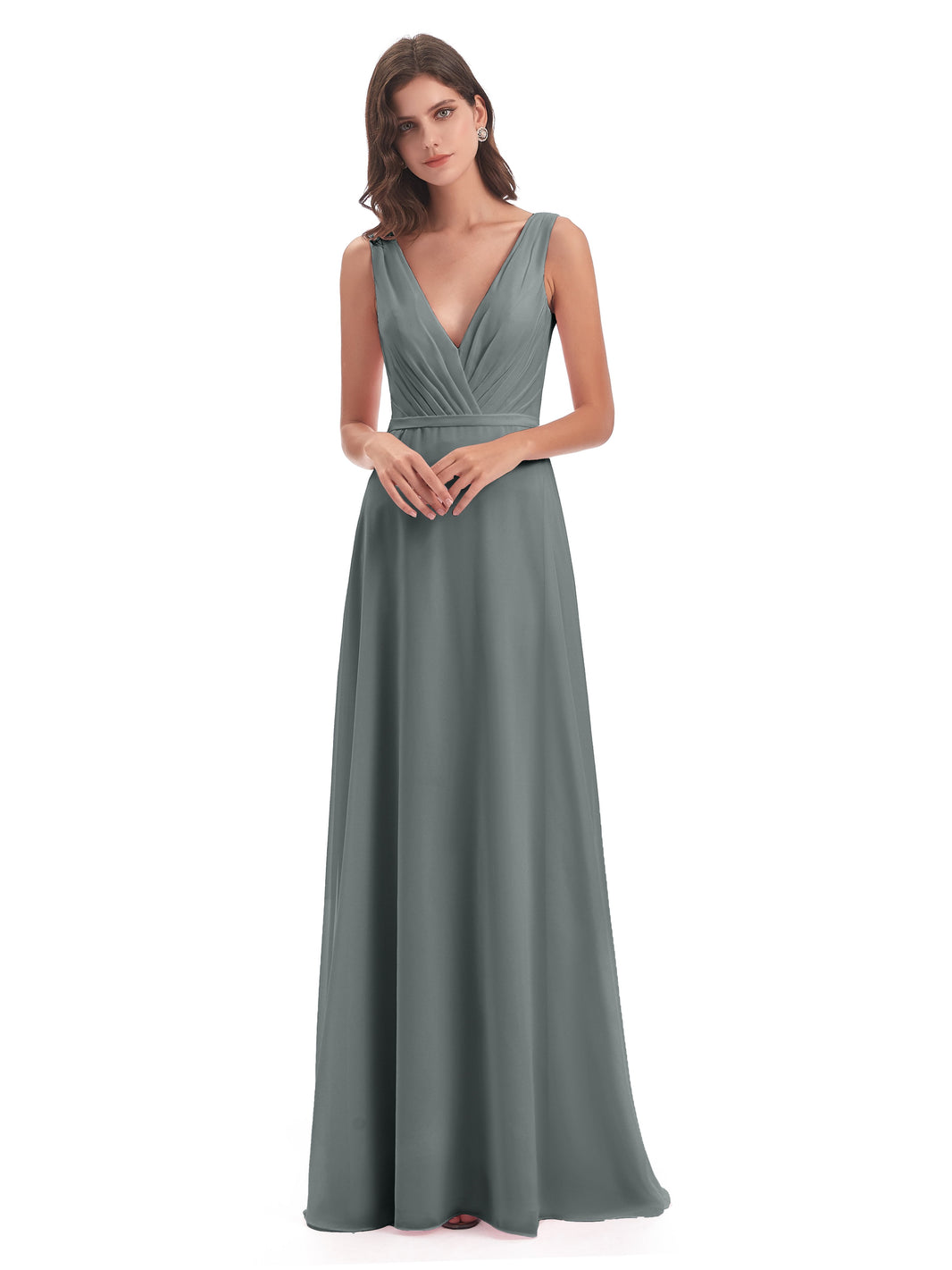 V-neck Long Chiffon Dress with Slit for Bridesmaids Steel Grey Plus Size