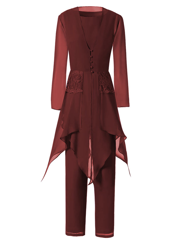 Cicinia Burgundy Mother Of The Bride Dress With Sleeves Plus Size Long Chiffon A-line Tea Length V-neck