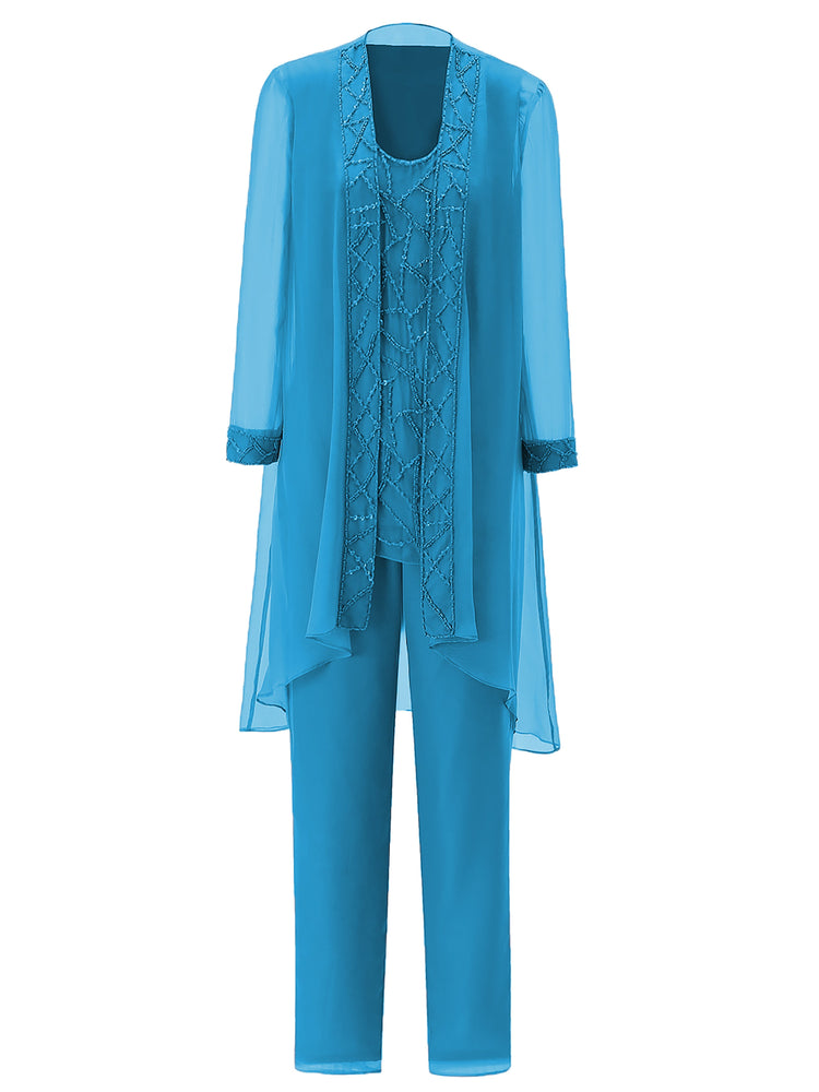 Cicinia Dusty Blue Mother Of The Bride Pant Suits With Jacket Plus Size 3 Pieces Chiffon Suit