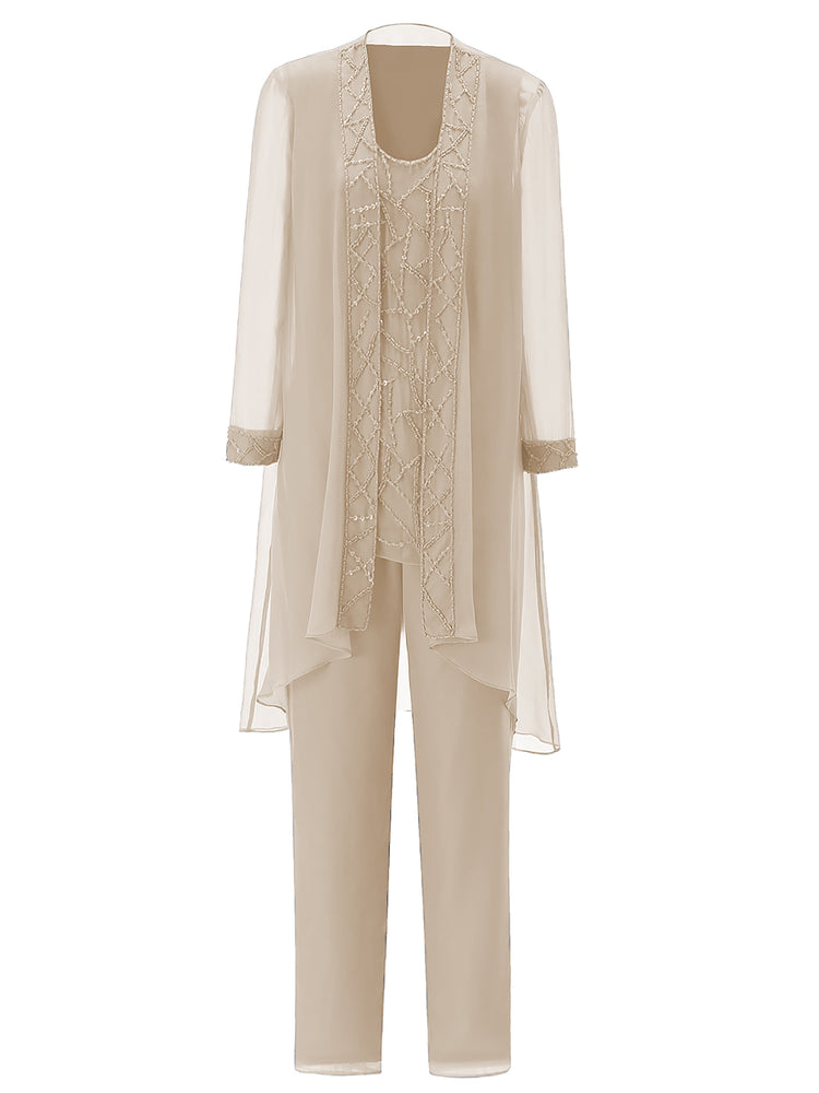 Silver Chiffon Pant and Lace Top Mother of The Bride Wide Pant Suits