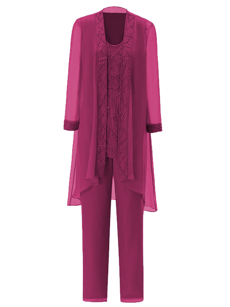 Cicinia Fuchsia Mother Of The Bride Dress With Sleeves Long Chiffon Lace Beaded A-line High Low Hemline