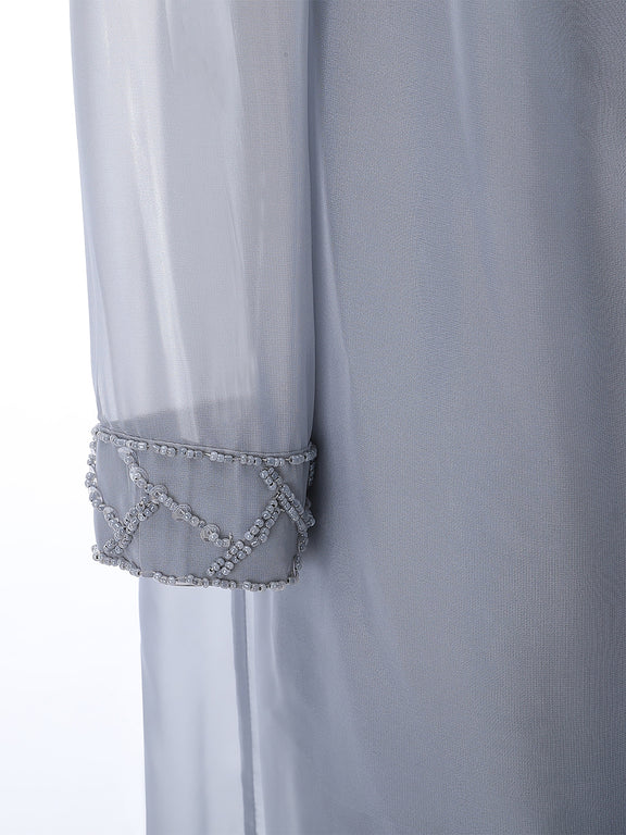 Cicinia Silver Mother Of The Groom Dress With Jacket Chiffon Lace Sheath Tea Length 2 Pieces