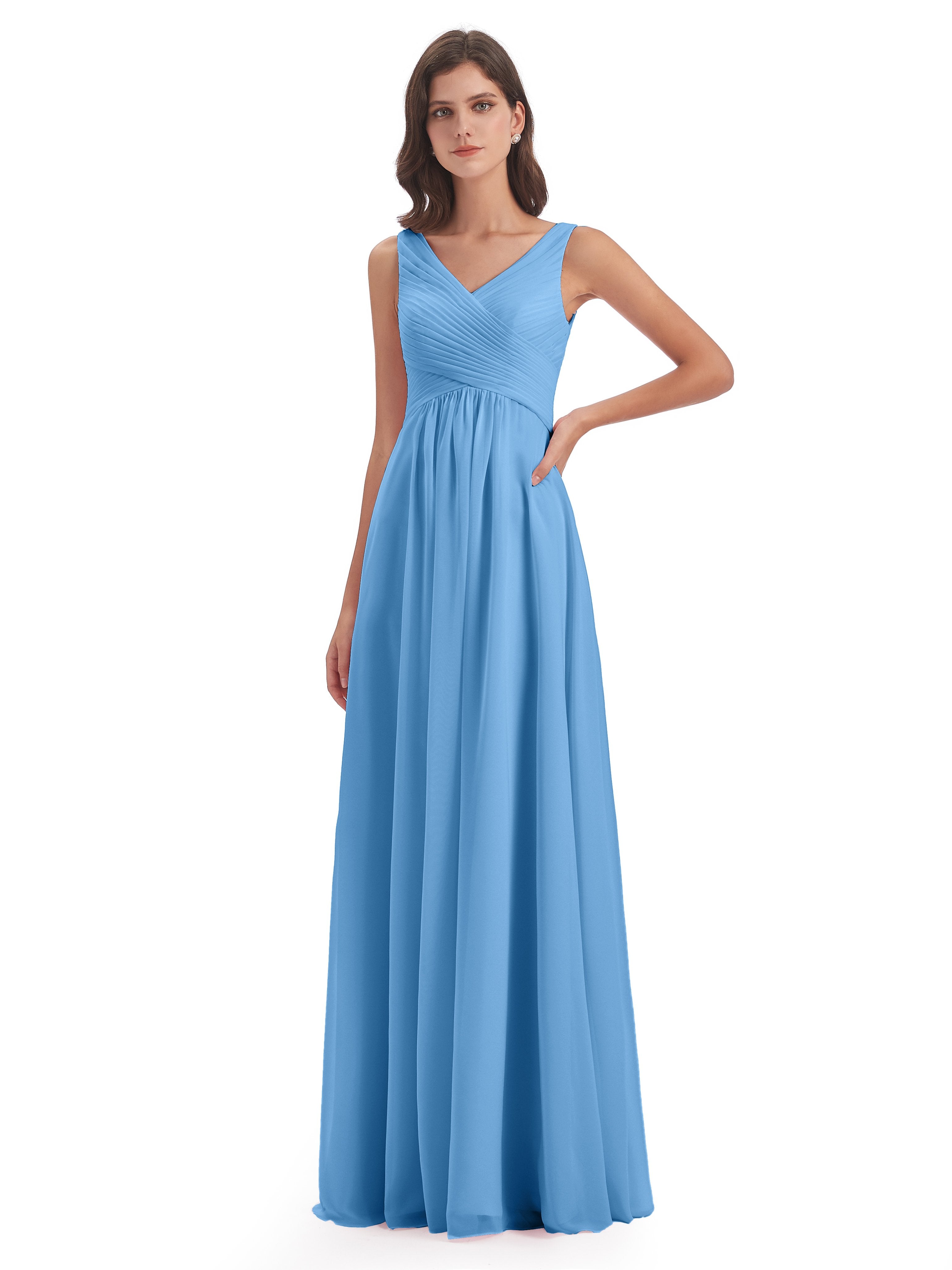 A-line V-neck Straps Floor-Length Chiffon Bridesmaid Dresses