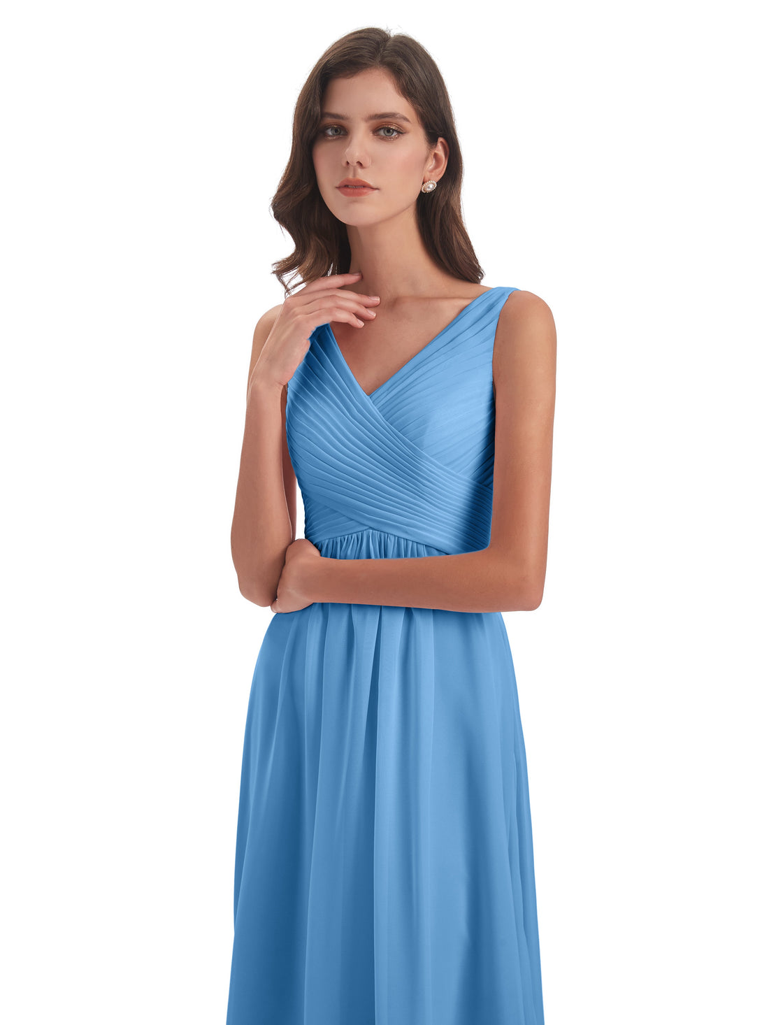 Modest A-line Floor-length V-neck Long Chiffon Bridesmaid Dresses, BD1032