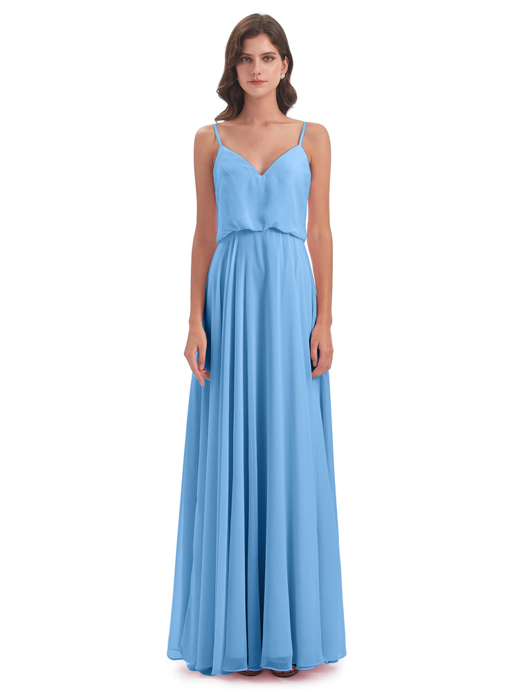 Spaghetti Straps Long Chiffon Dresses Sky Blue