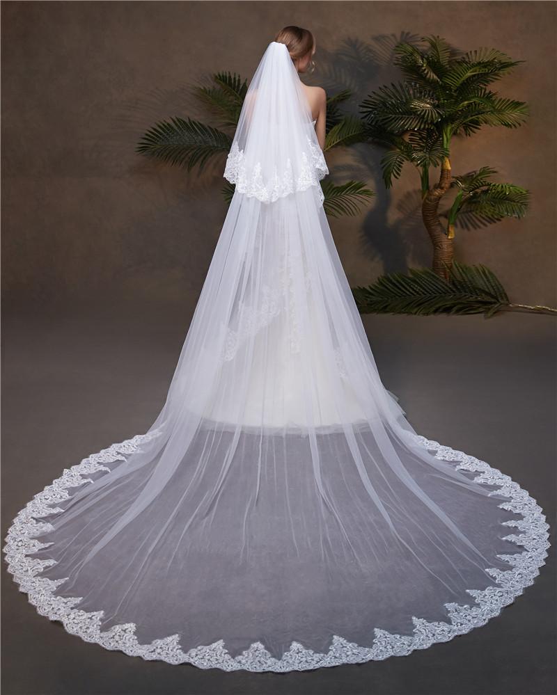 Two-Tier Wedding Veil UK Tulle Lace Edge Cathedral Veils Appliques TS9
