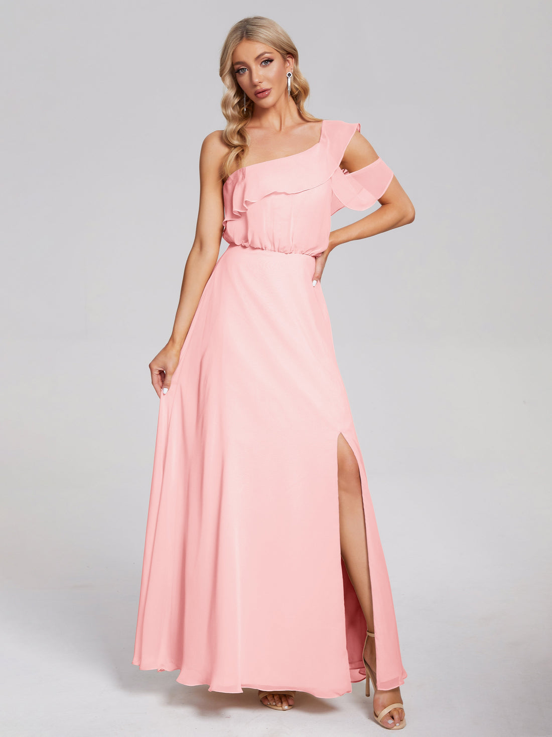 One Shoulder Chiffon Pleated Bridesmaid Dresses with Slit
