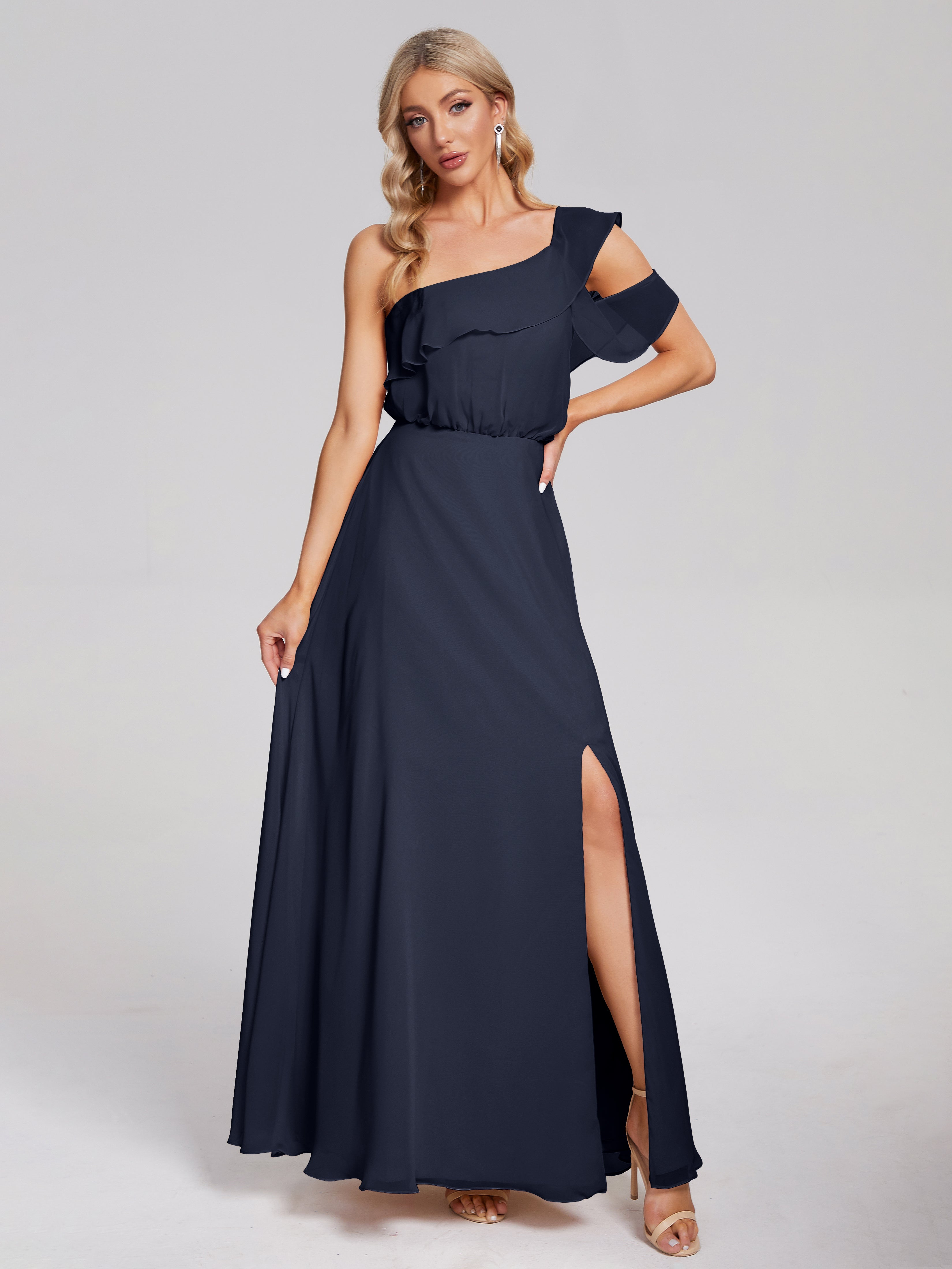 Paislee One-Shoulder Split Chiffon Bridesmaid Dresses