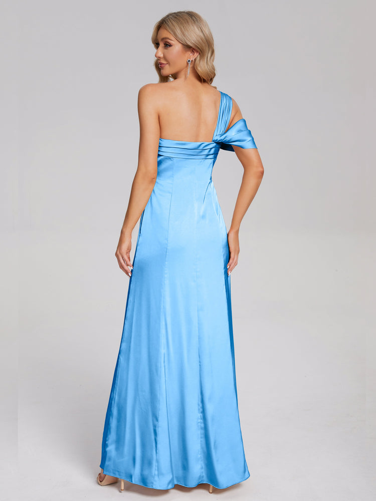 Asymmetrical Short Sleeve Pleated A-line Satin Dress Ocean Blue