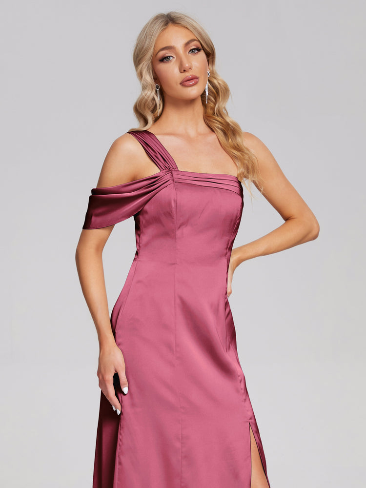 Asymmetrical Short Sleeve Pleated A-line Satin Dress Pearl Pink