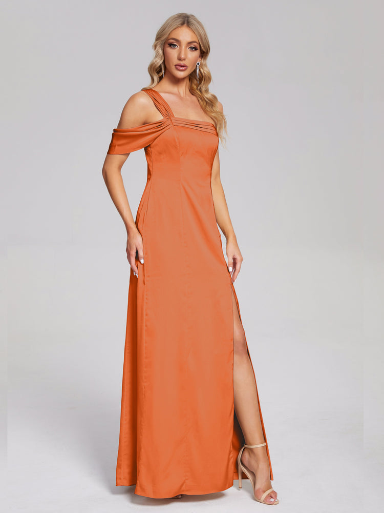 Asymmetrical Short Sleeve Pleated A-line Satin Dress Mist