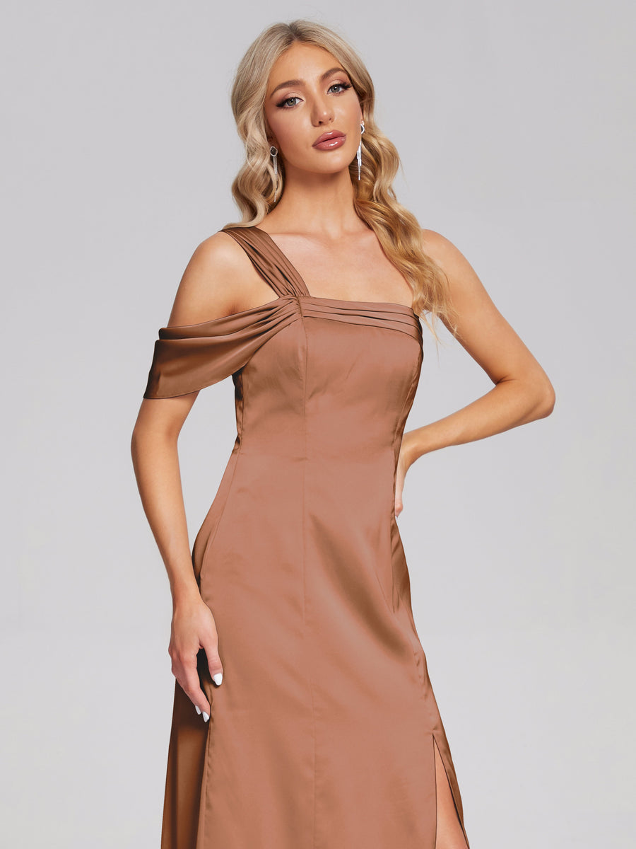 Asymmetrical Short Sleeve Pleated A-line Satin Dress Terracotta