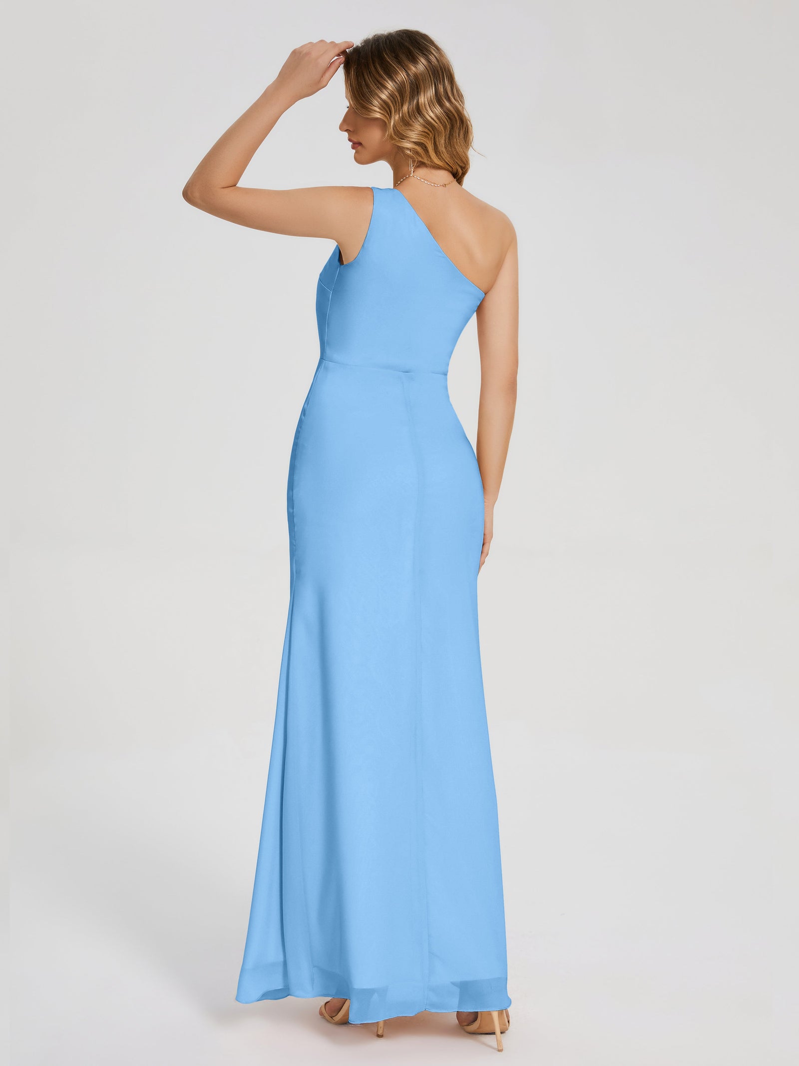 Simple one shoulder prom dress with split main image 1