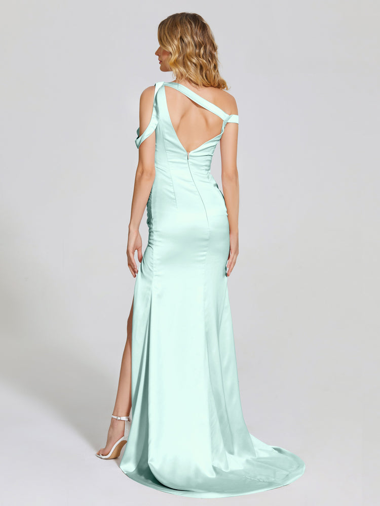 Scoop Waist Pleats Sheath Satin Bridesmaid Dress With Split - Dusty Rose main image 0