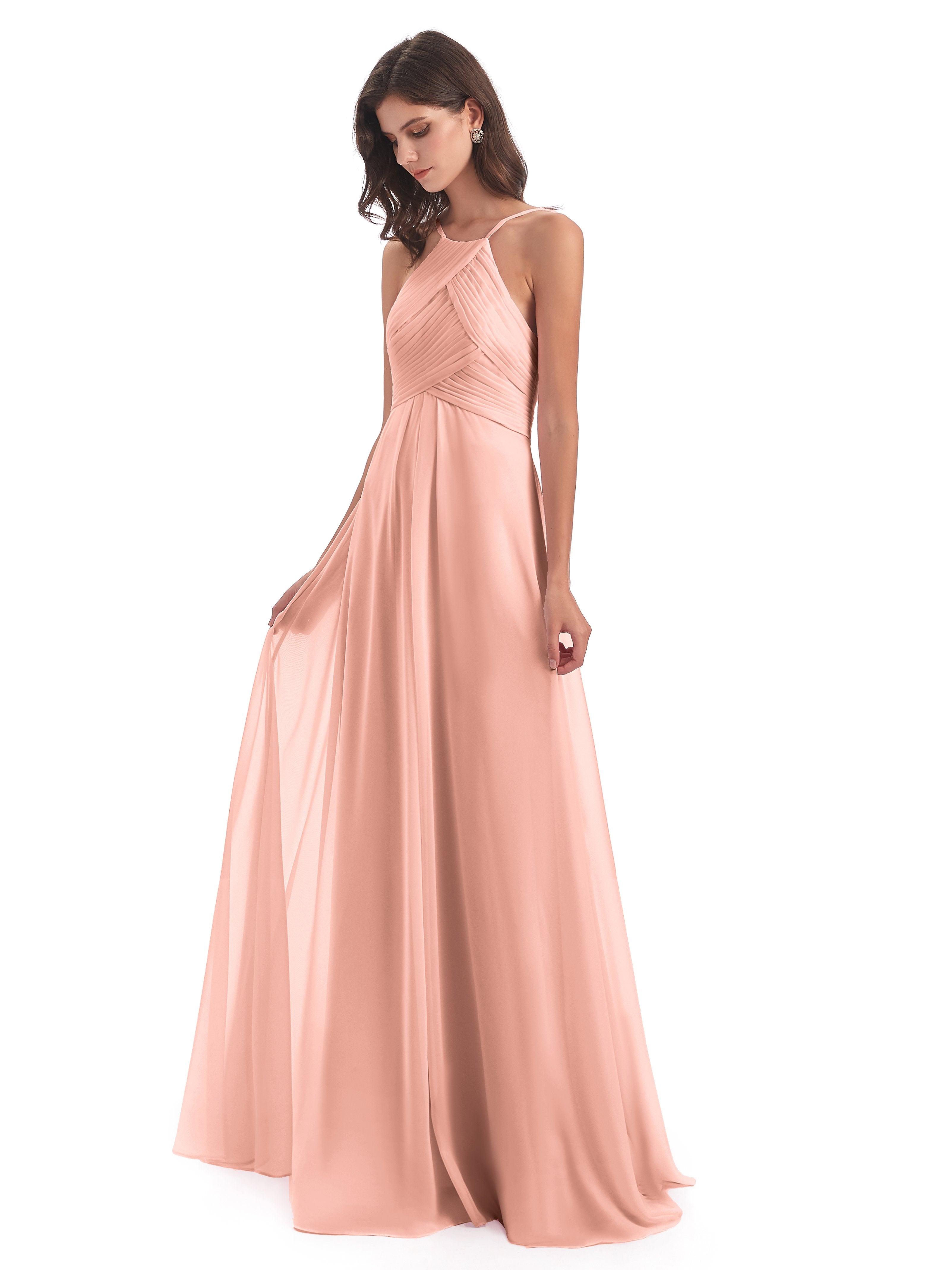 Ruby Chiffon Halter Zipper Back Chiffon Long Bridesmaid Dresses