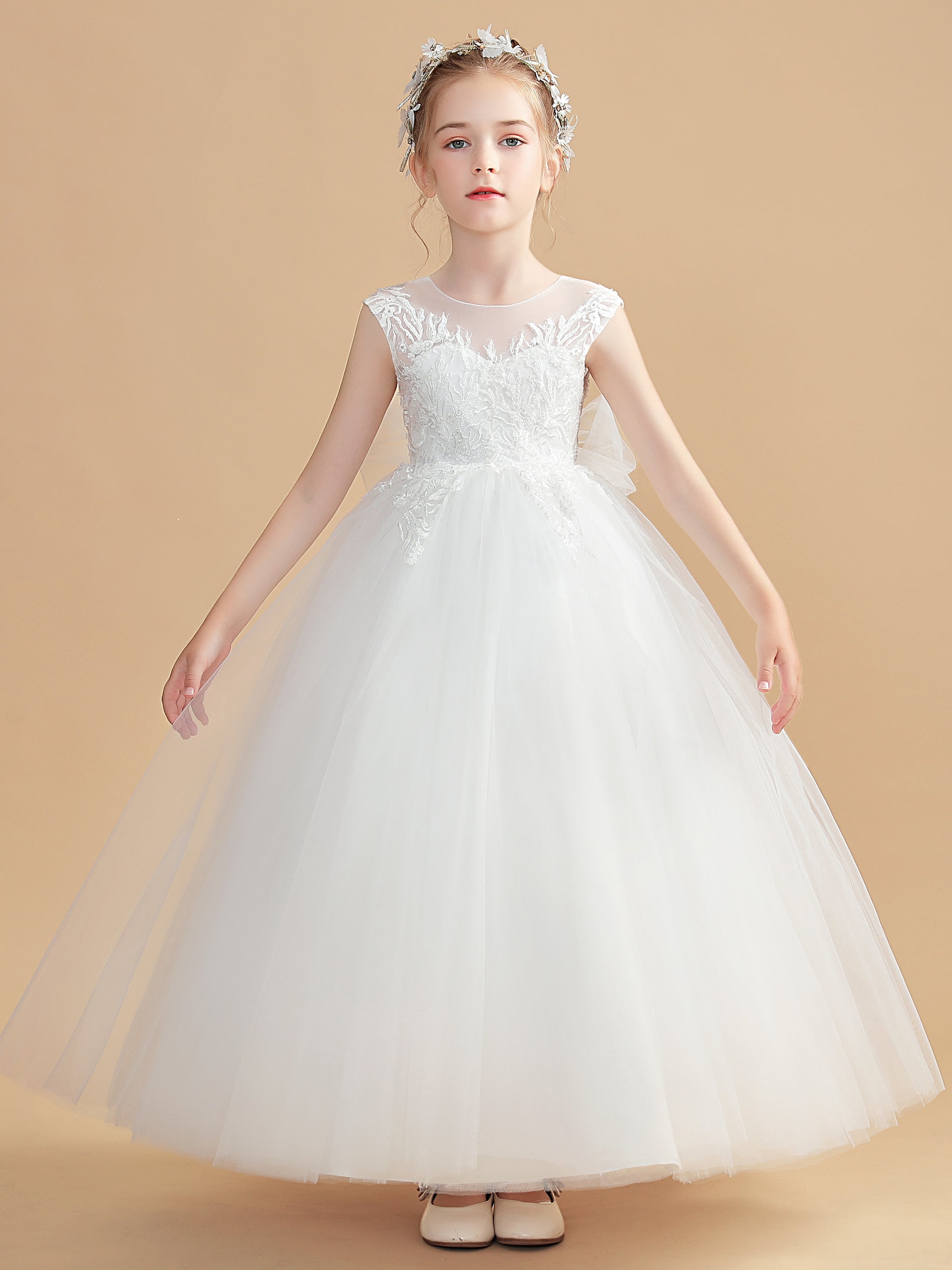 Scoop Sleeveless Tulle Flower Girl Dress with Bow-Knot