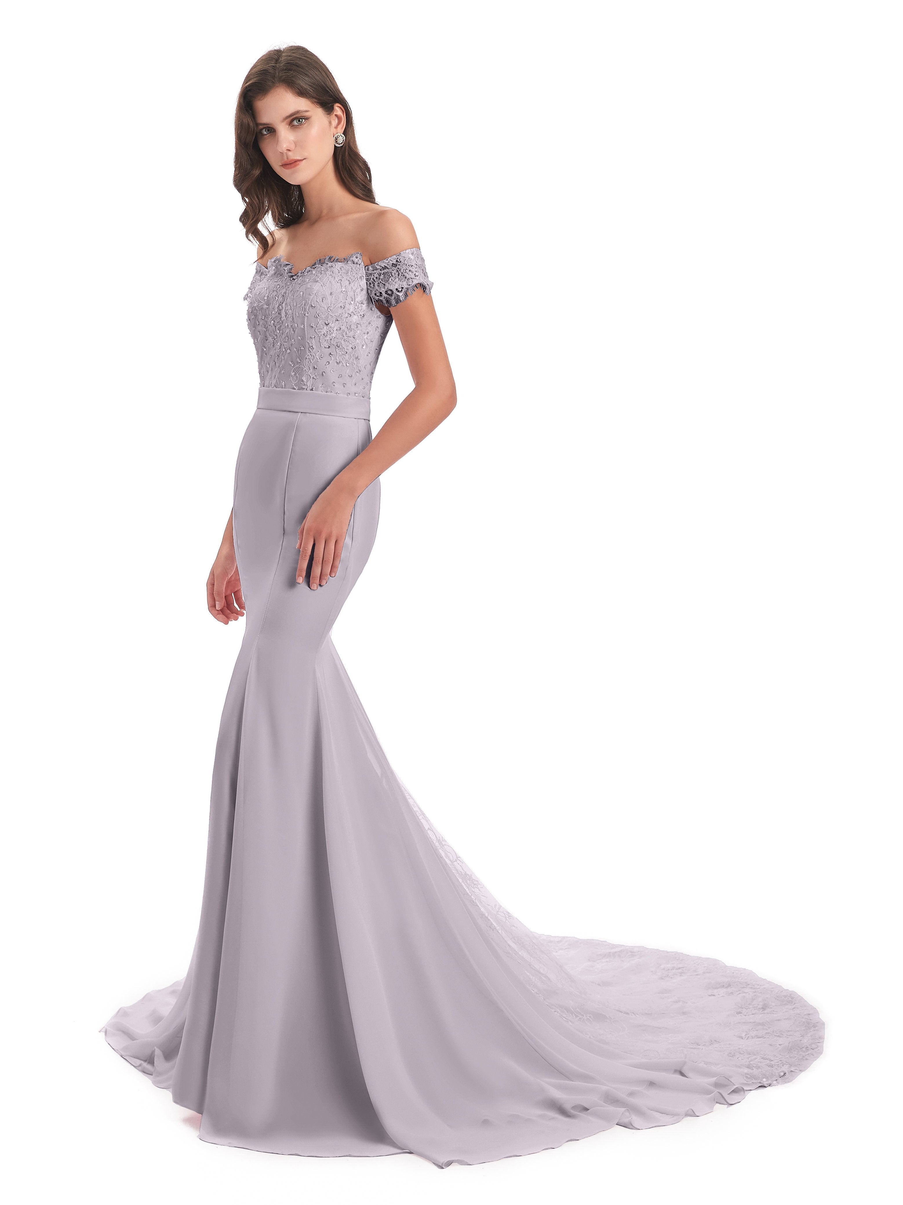 Sienna Pretty Lace Beading Court Train Long Bridesmaid Dresses