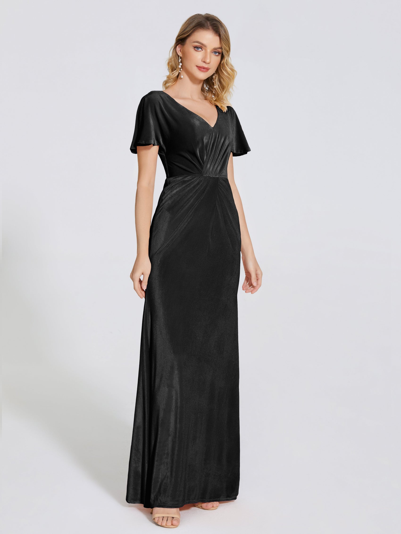 Summer Elegant Short Sleeves Velvet Bridesmaid Dresses