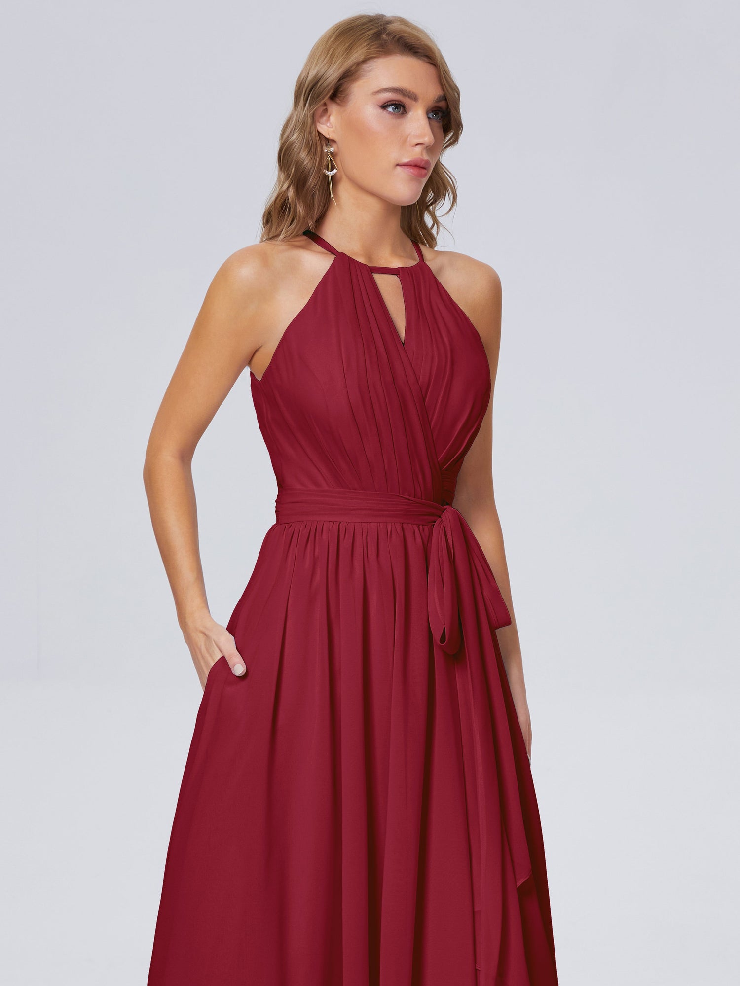 Long Halter Chiffon Dresses of Bridesmaid Burgundy