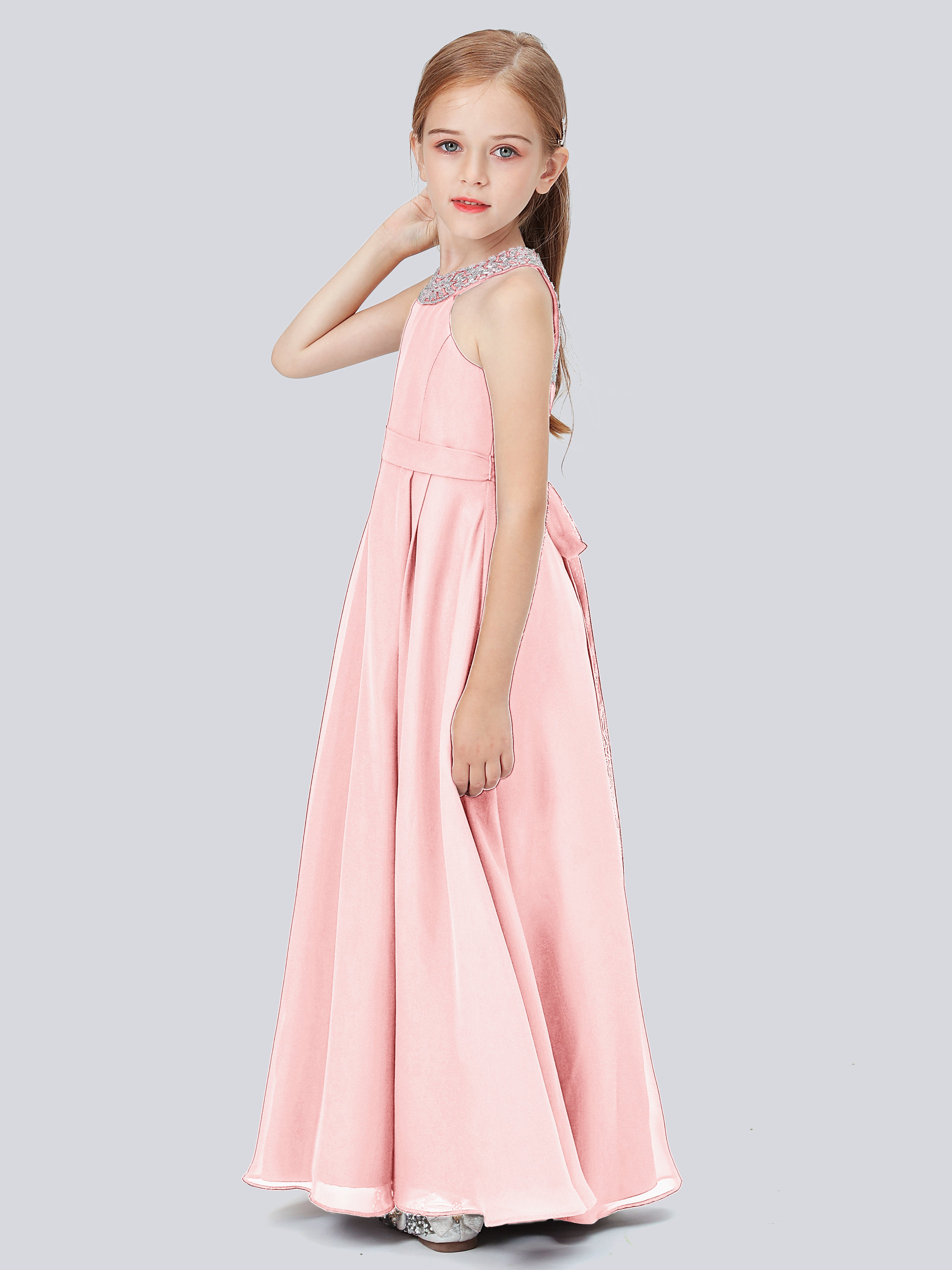 Chiffon Junior Bridesmaid Dress with Beaded Neckline