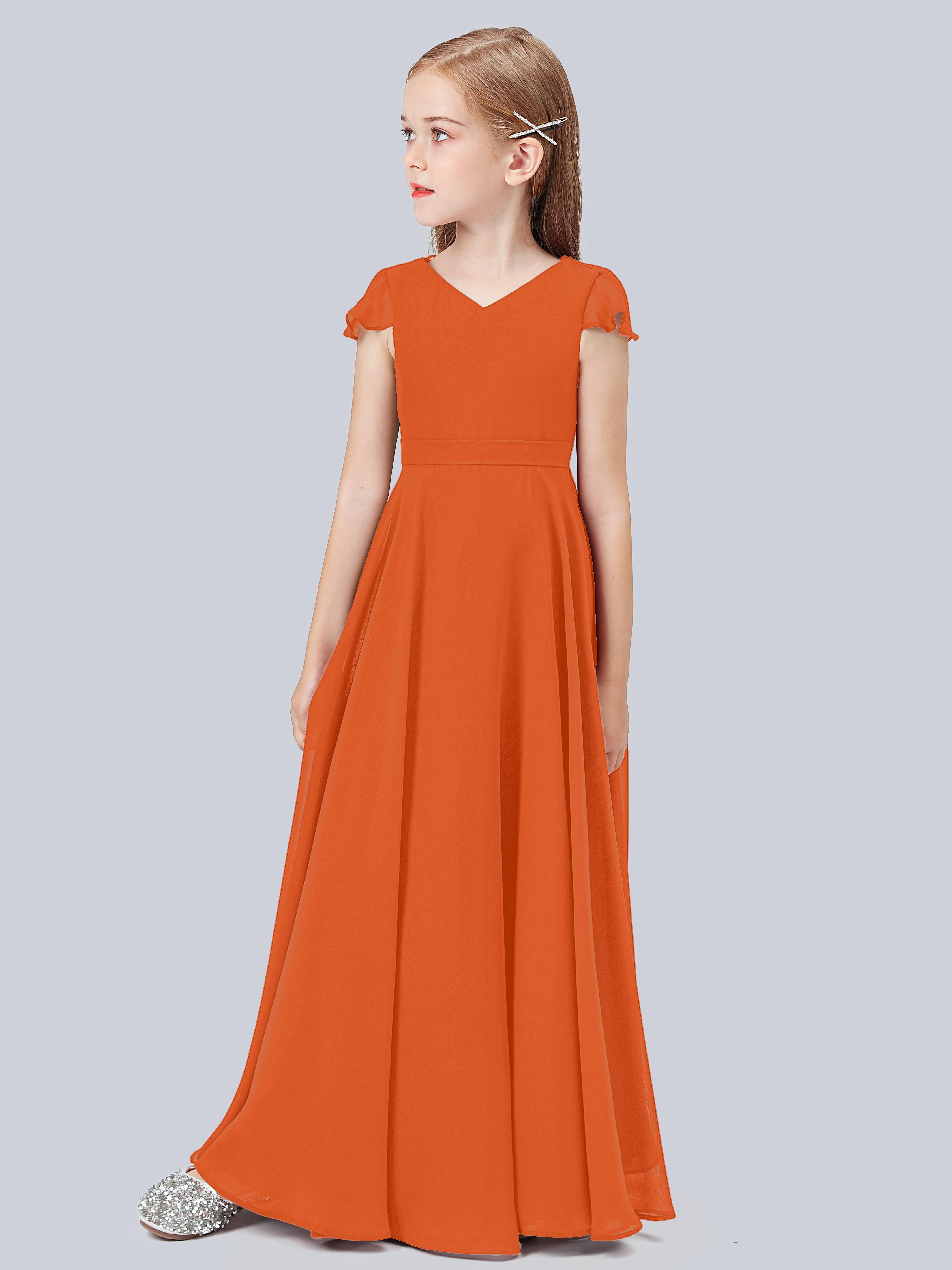 Flounce Cap Sleeves Chiffon Junior Bridesmaid Dress