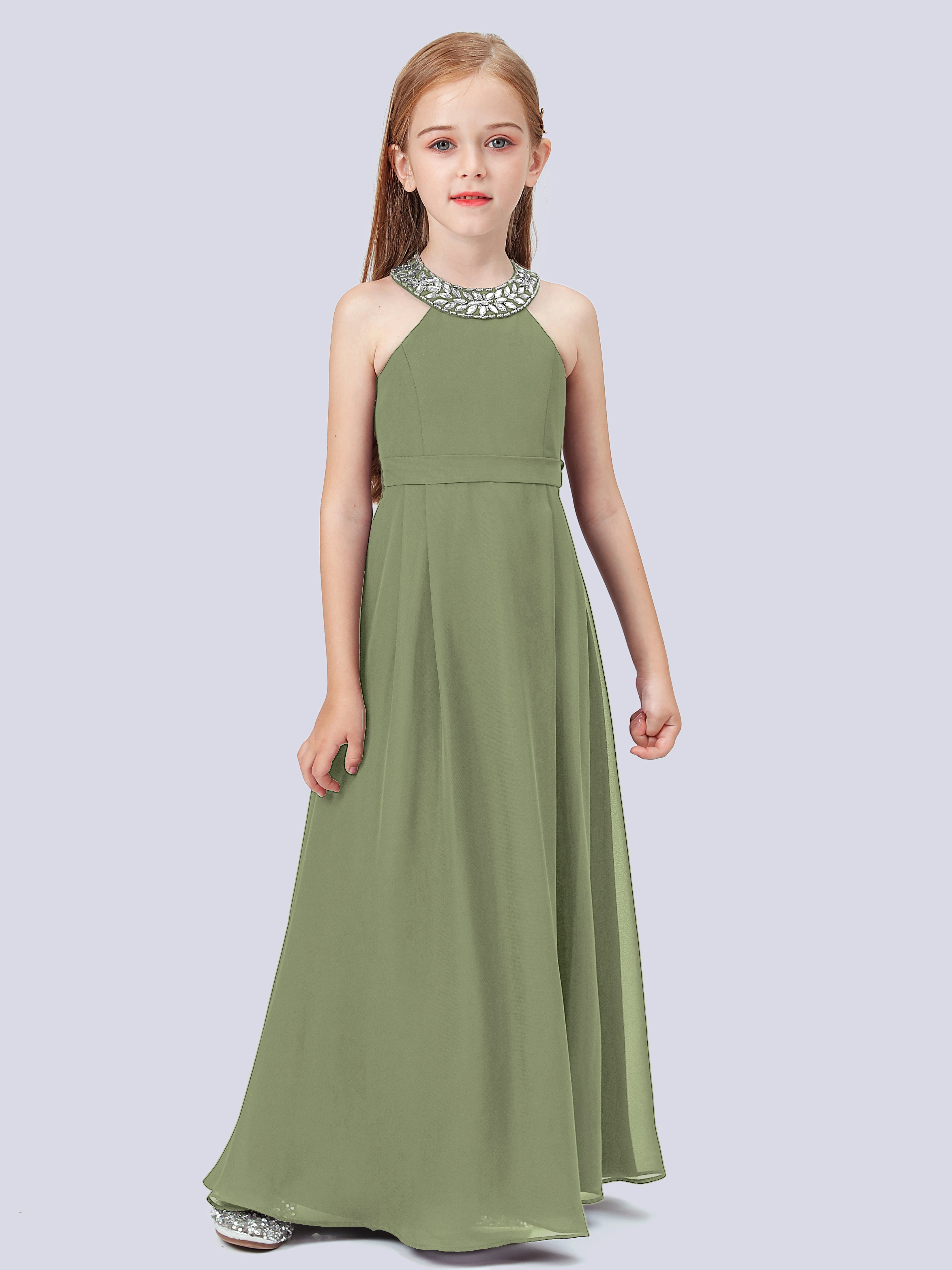 Chiffon Junior Bridesmaid Dress with Beaded Neckline