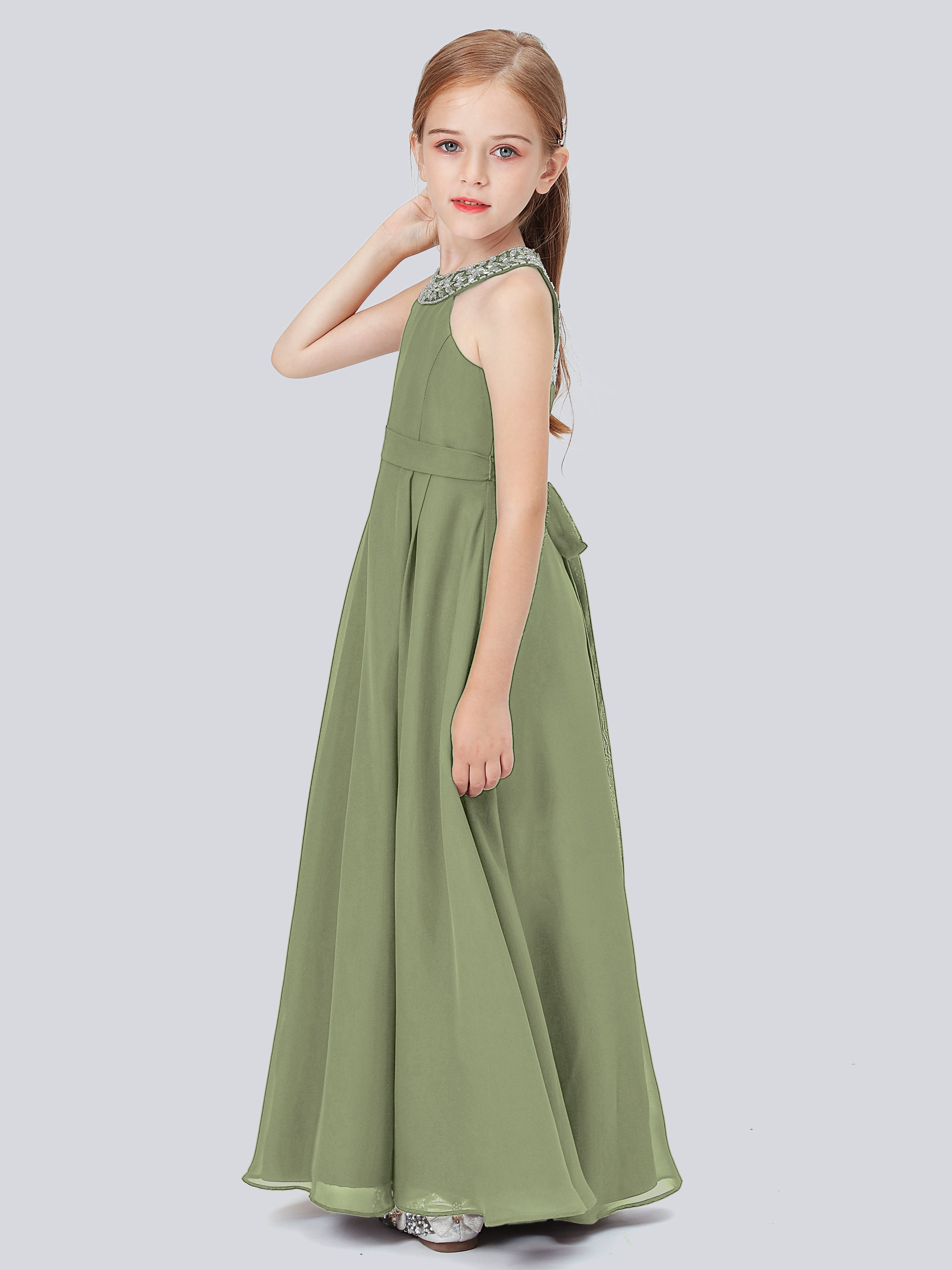 Chiffon Junior Bridesmaid Dress with Beaded Neckline