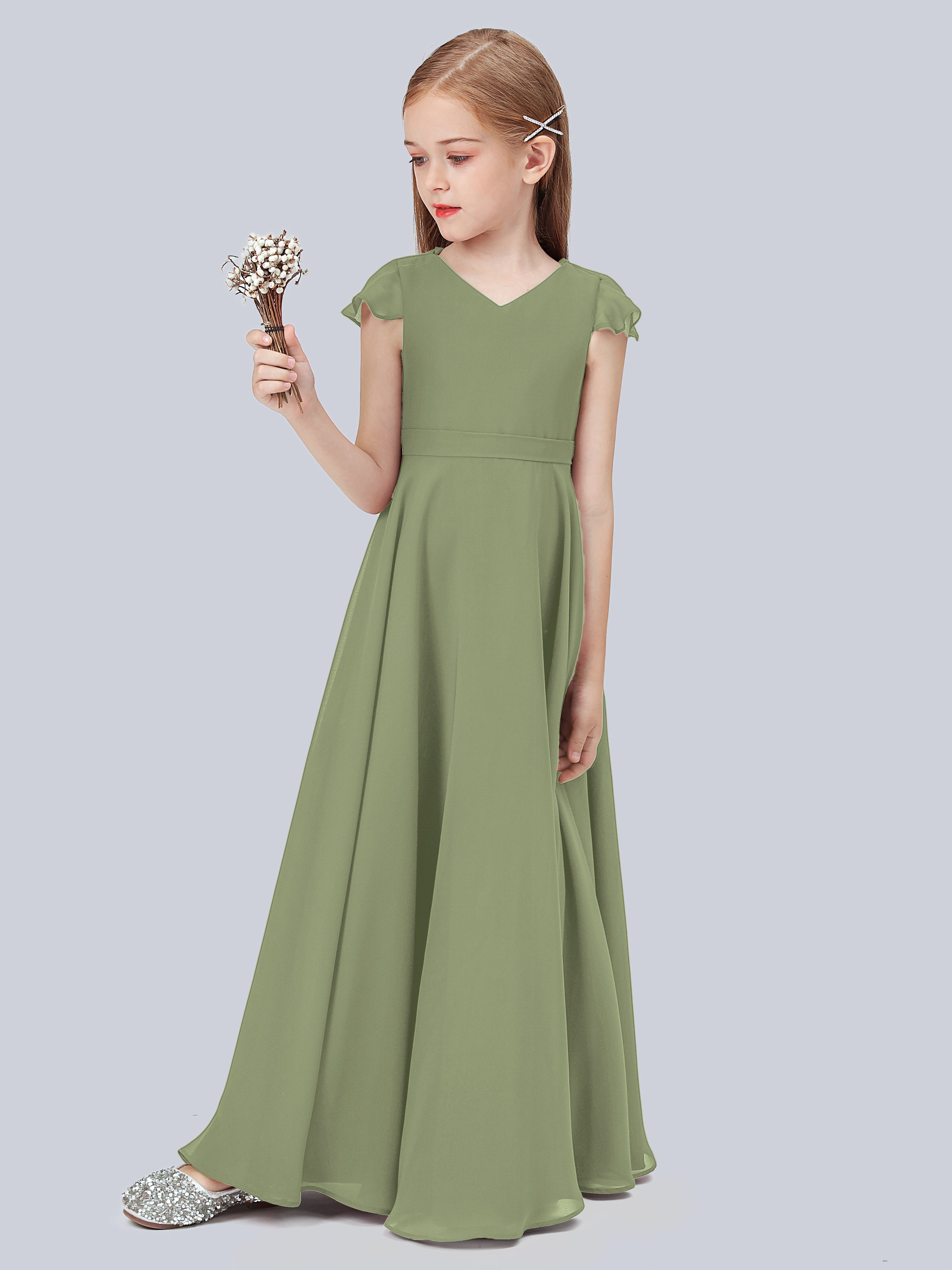 Flounce Cap Sleeves Chiffon Junior Bridesmaid Dress